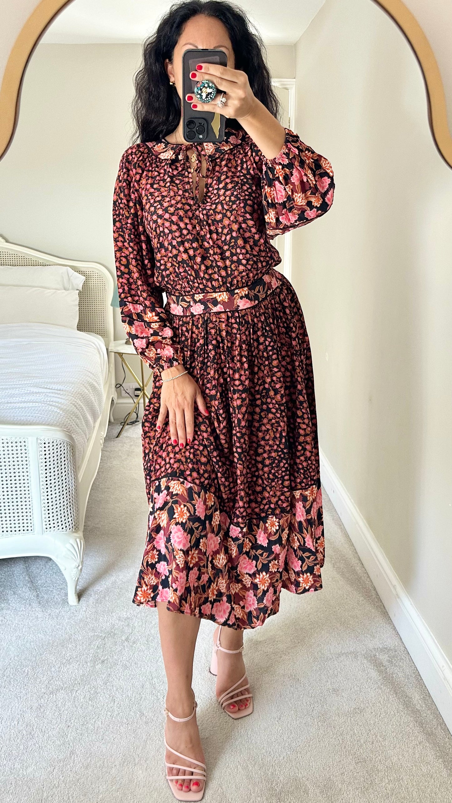 Oliver Bonas pink black orange floral midi long dress medium UK 10 12 vgc