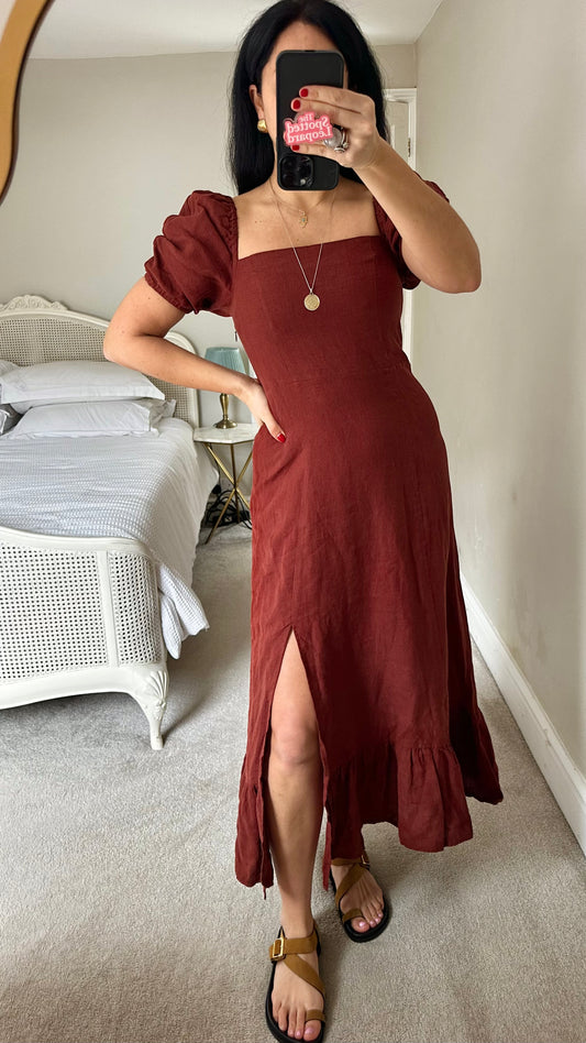 & other stories brown burgundy pure linen side split holiday event dress medium UK 12 vgc