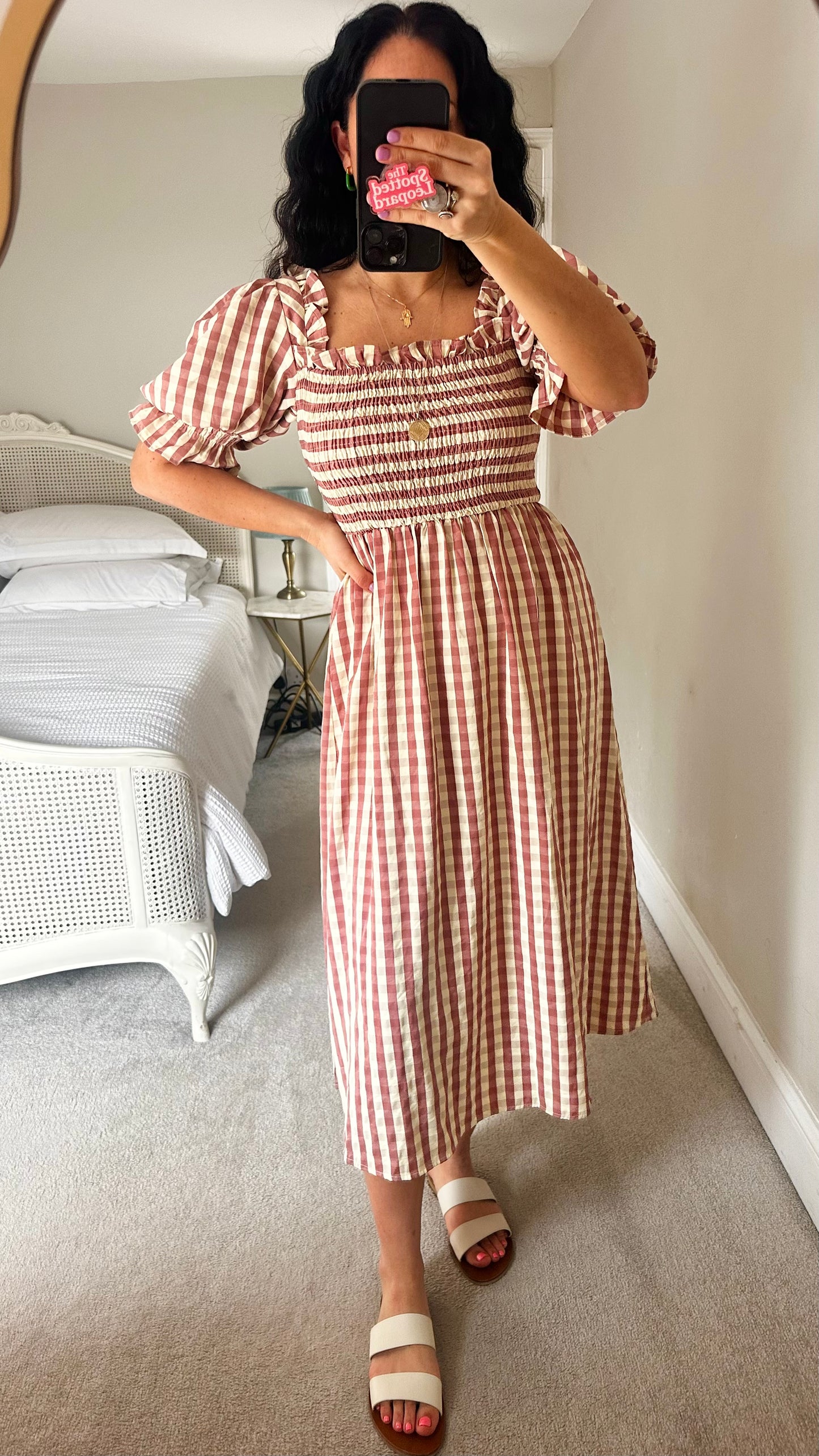 Warehouse burgundy beige gingham check midi long dress small UK 8 vgc