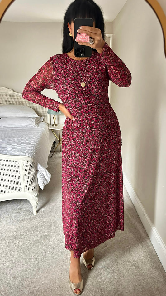 Forever new berry pink purple floral mesh long sleeve event midi maxi dress large UK 12