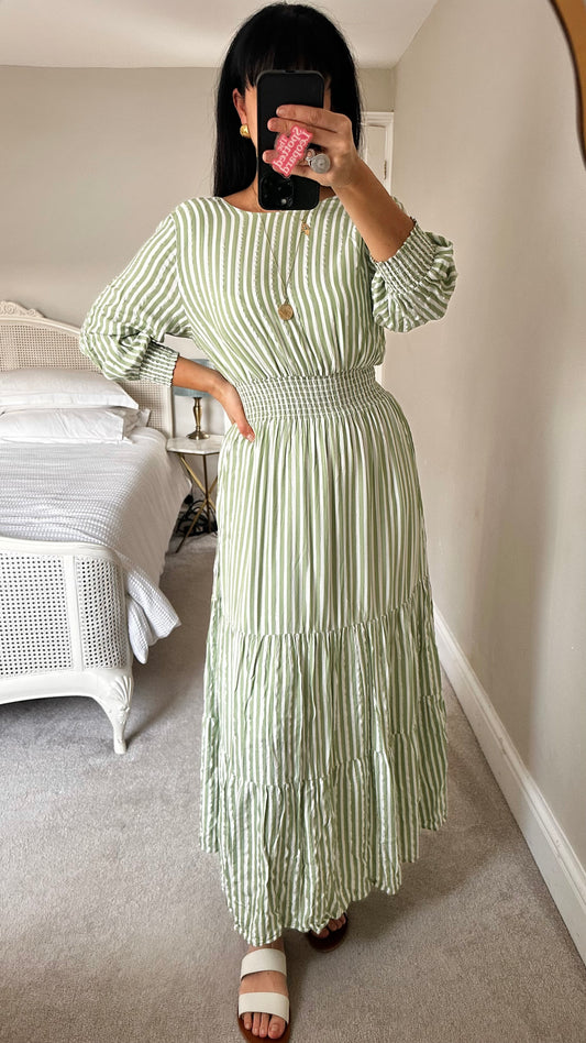 Selected Femme @ Anthropologie light green white stripe midi maxi long dress small UK 10 holiday vgc