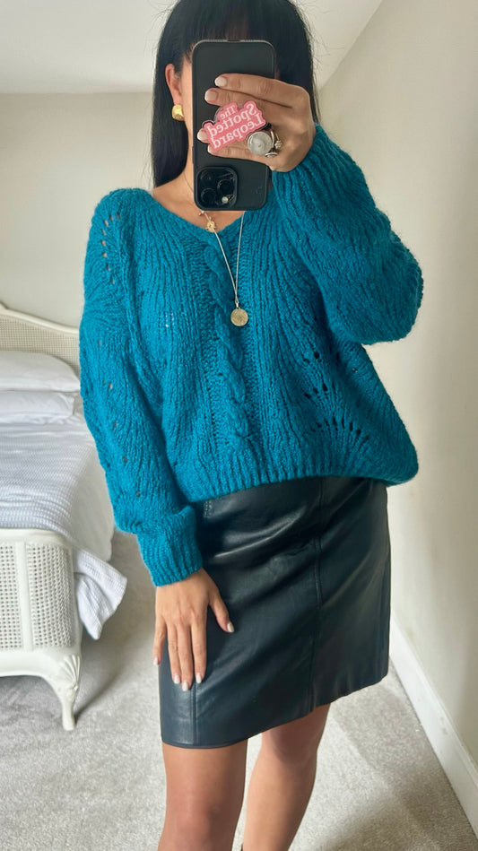 Made in Italy teal crochet mohair blend jumper large UK 12 vgc