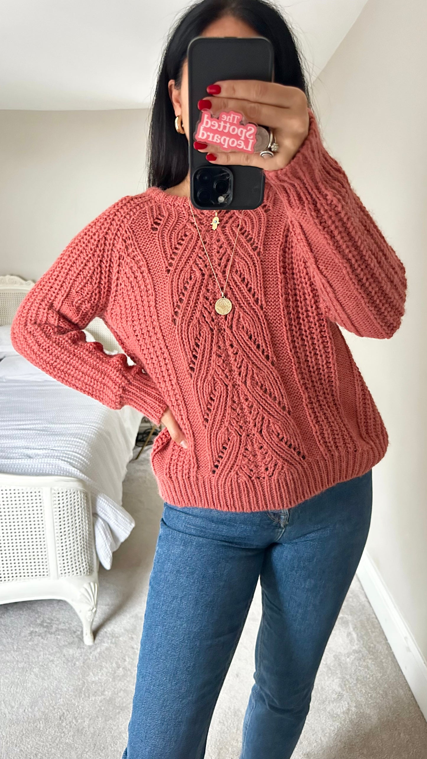 Tahari burnt orange coral pink alpaca wool blend knitted jumper large UK 12 vgc