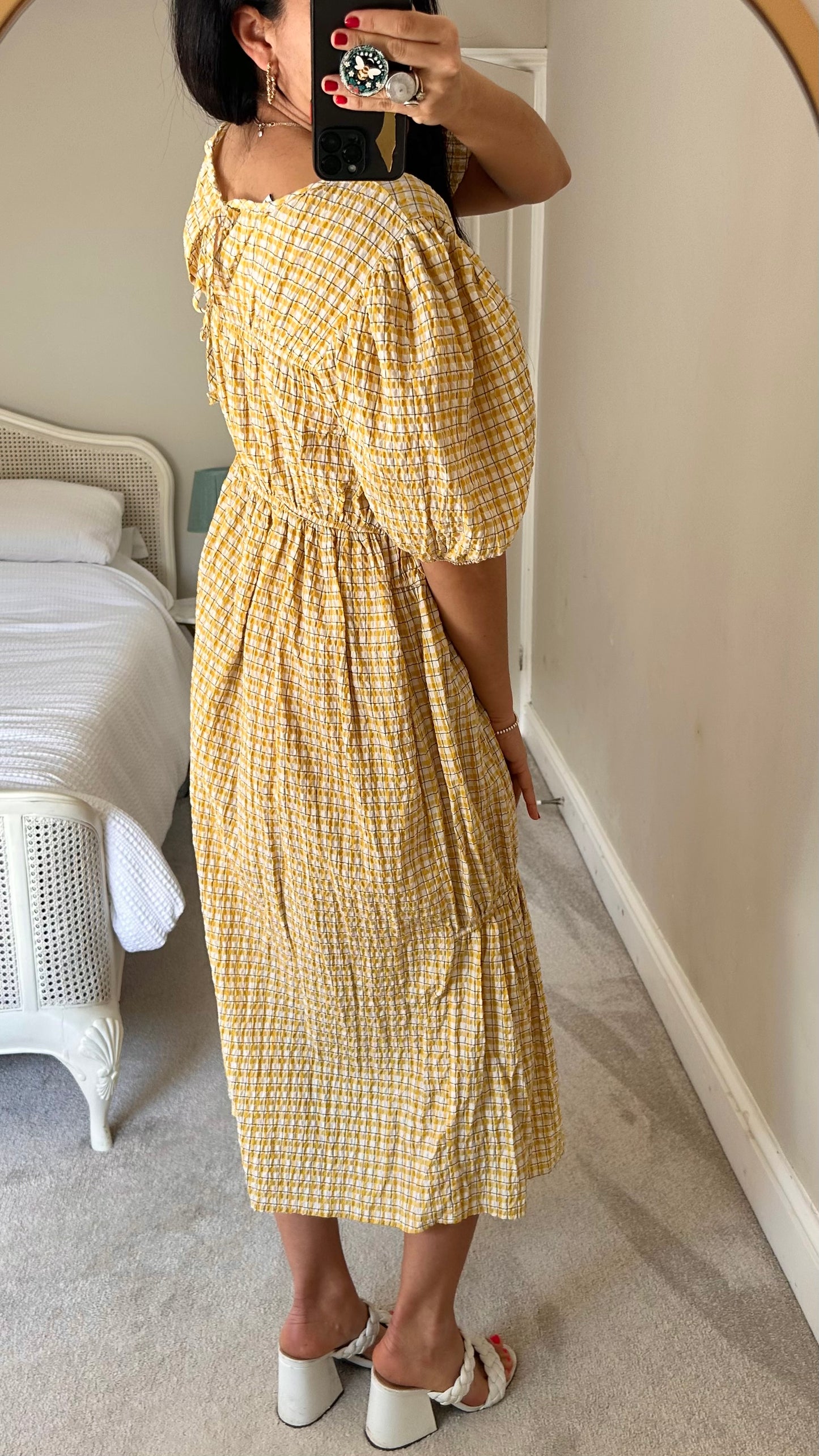 ASOS mustard yellow gingham check long midi dress small UK 10 petite vgc