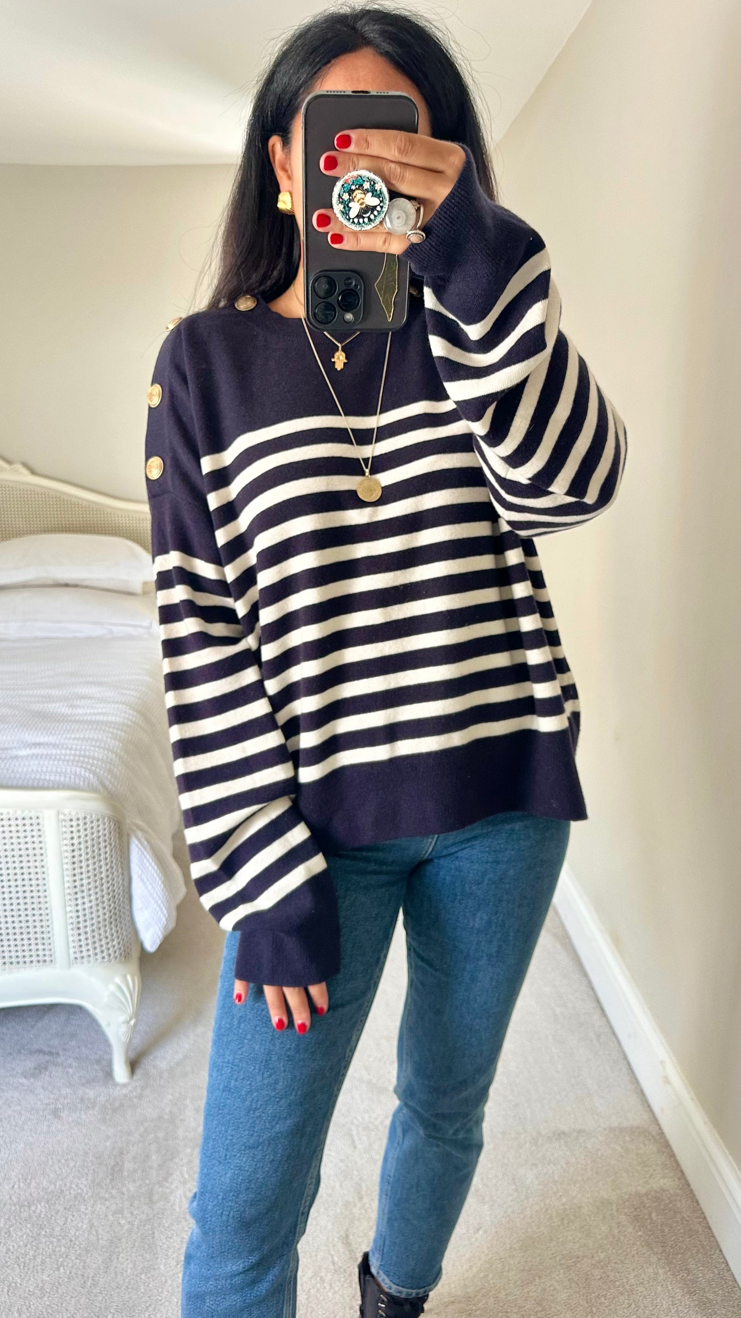 & other stories navy blue white stripe wool blend knitted jumper extra large UK 14 new bnwot w25