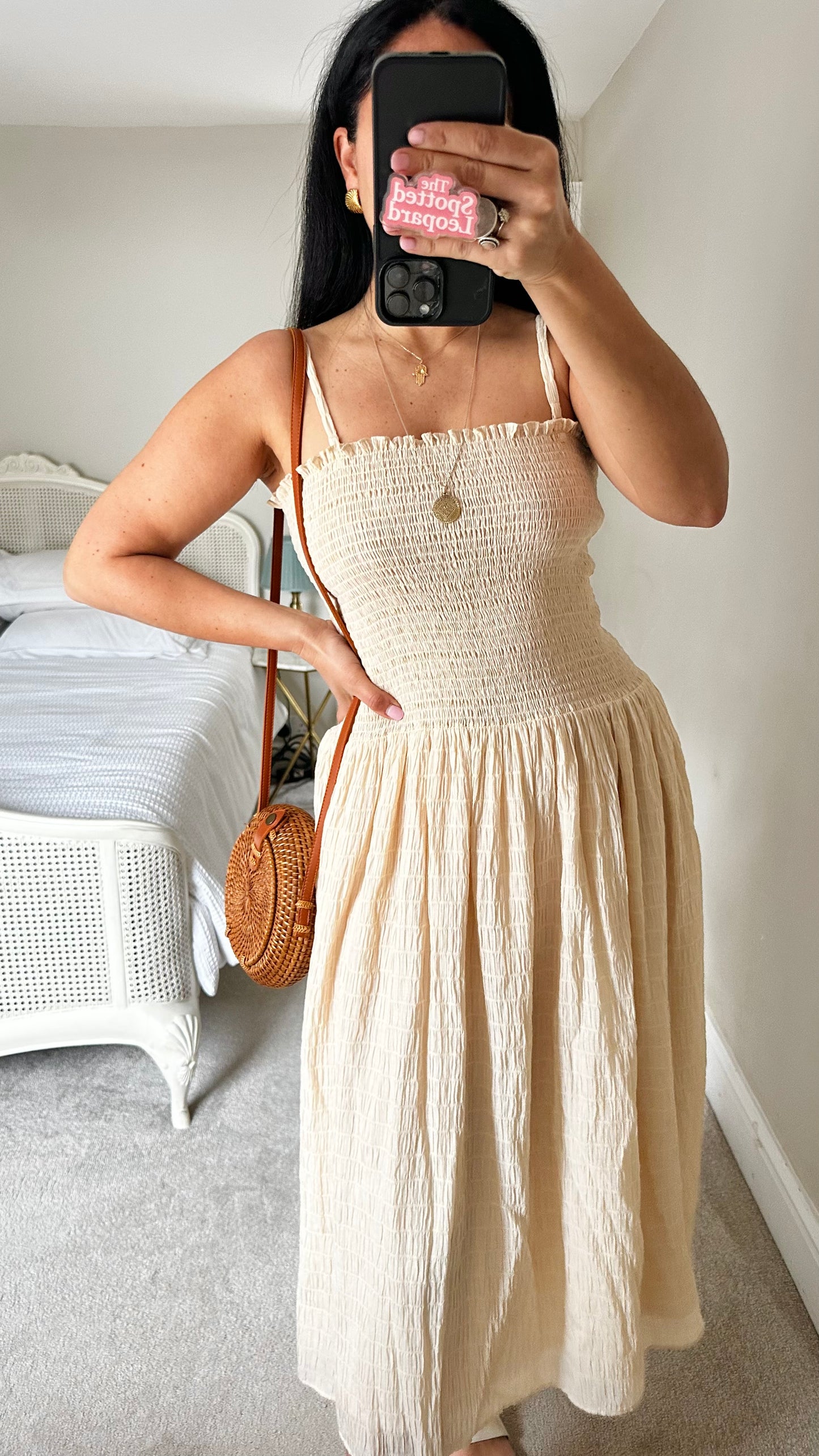 & other stories cream beige shirred body sun dress large UK 14-16 vgc