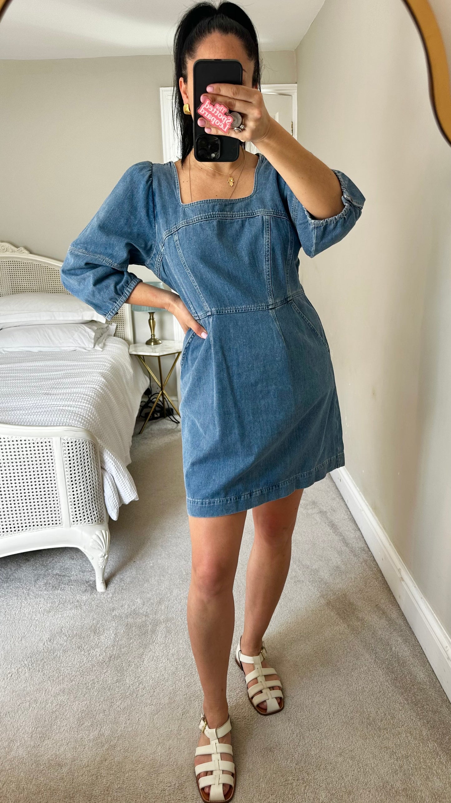 Oliver Bonas blue navy denim jeans dress casual mid length small UK 10 vgc