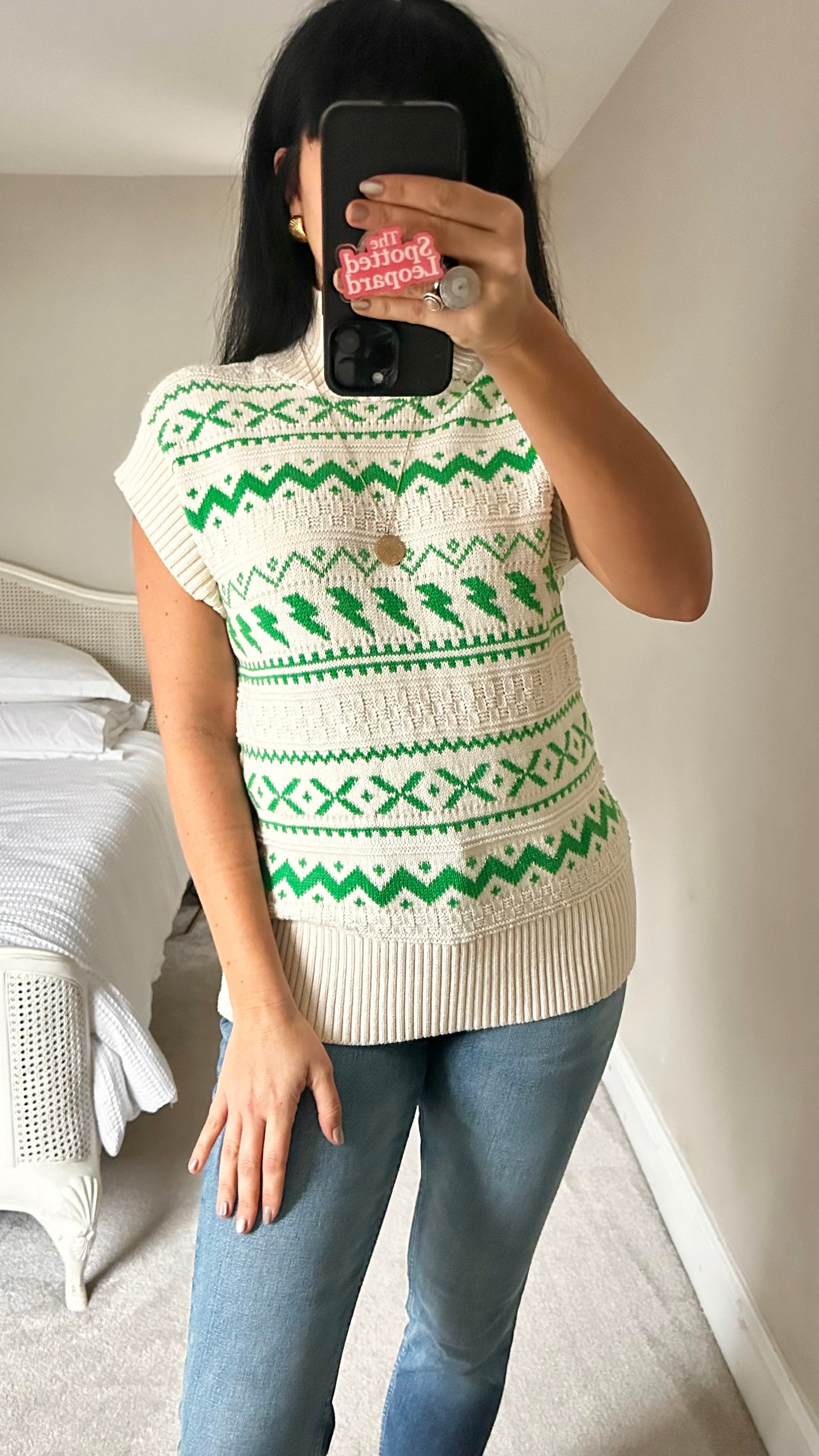 KITRI cream green lightening bold fair-isle knitted jumper tunic top small UK 8-10 vgc