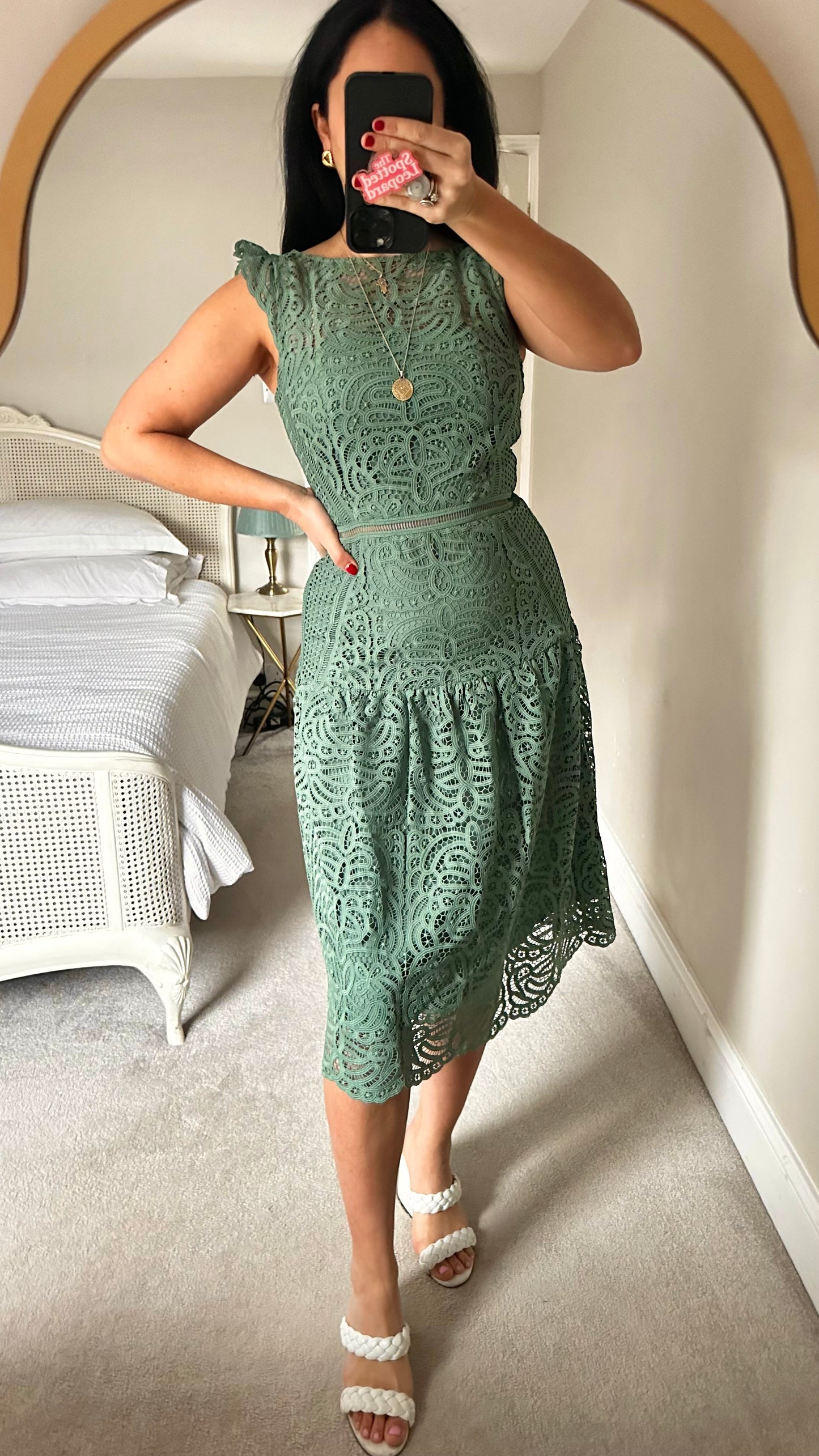 Reiss teal green wedding guest event races lace midi dress small UK 10 vgc