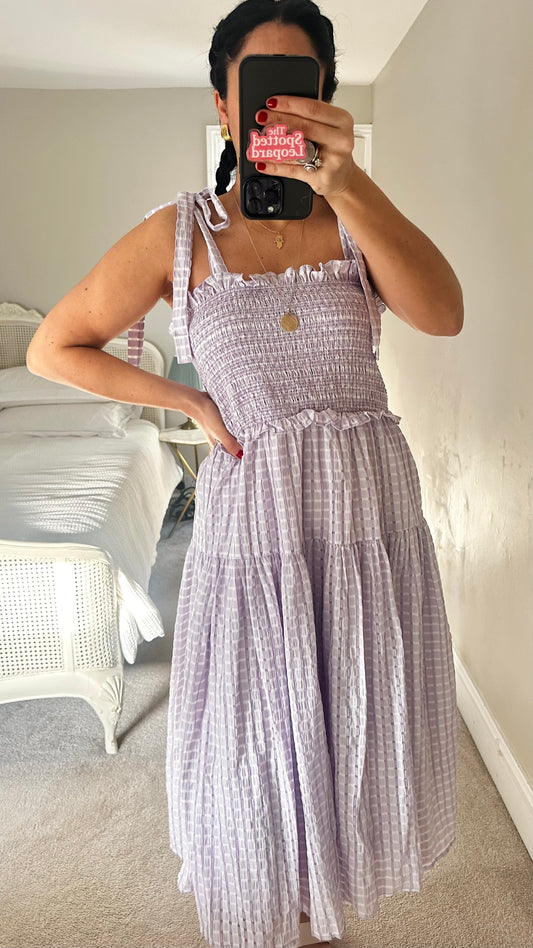 YAS lilac white gingham check midi long maxi dress extra large UK 14-16