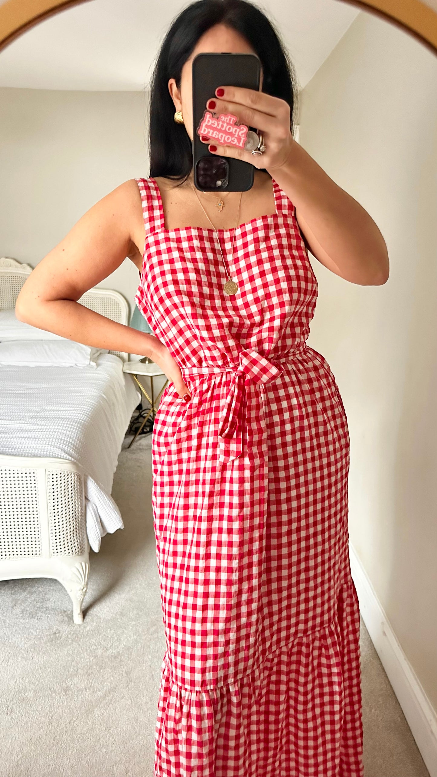 Phase Eight red white gingham check maxi long dress medium UK 14 vgc