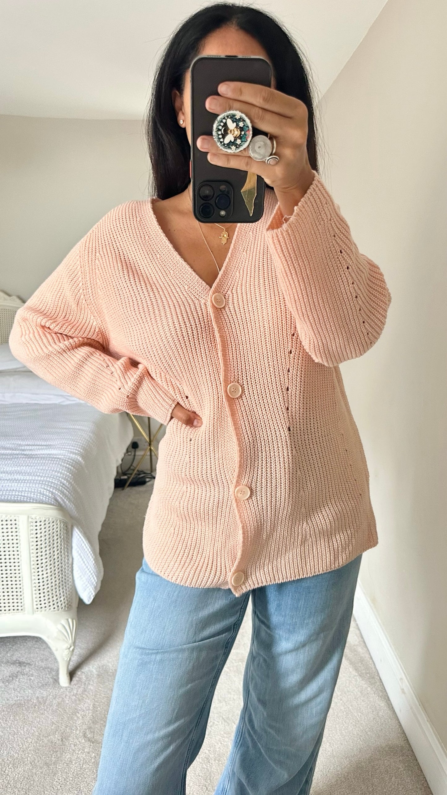 Olive soft pink oversized knitted button up cardigan L large UK 12-14 excellent used condition W25