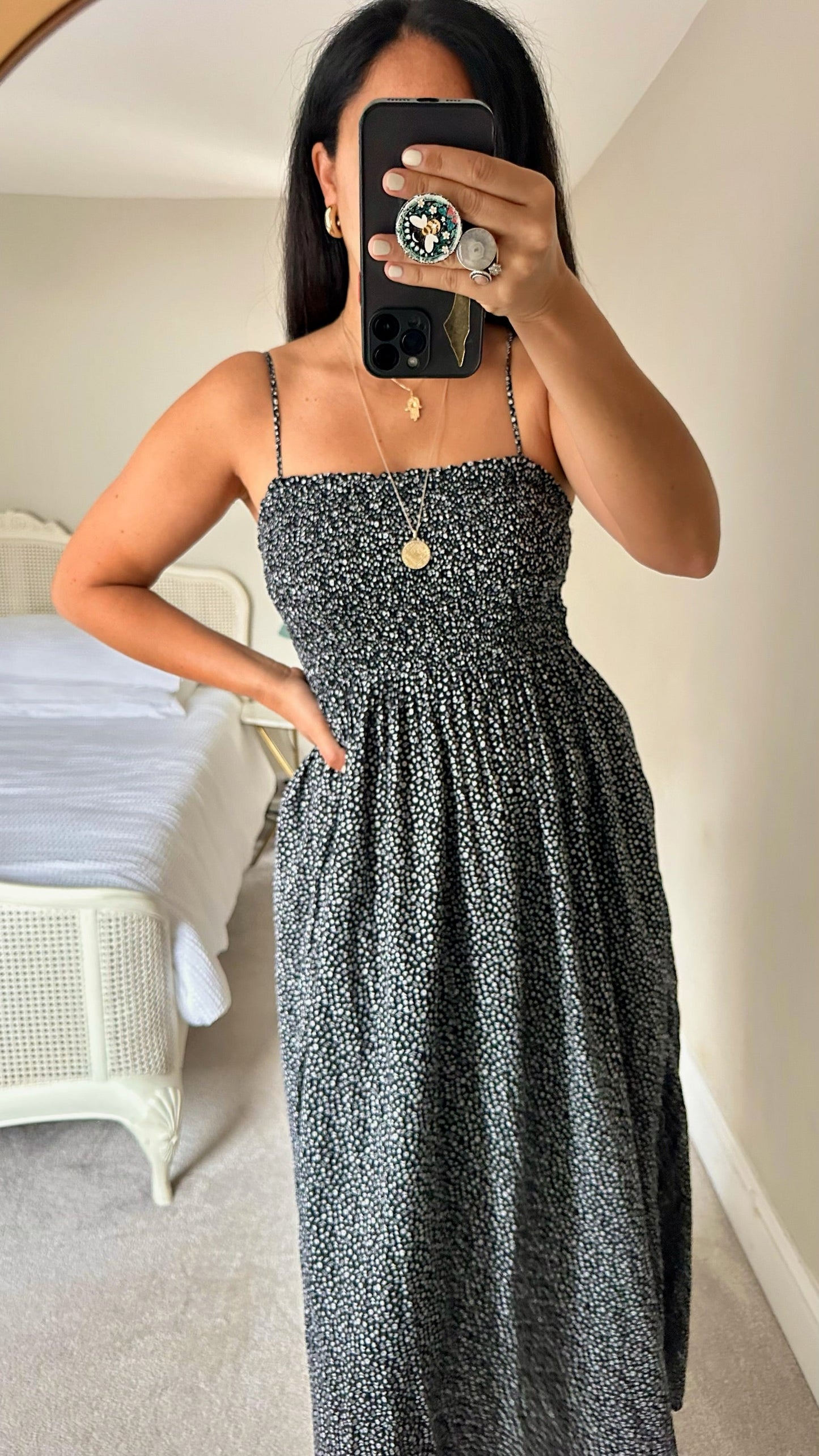 & other stories black white shirred bust midi maxi slip dress medium UK 12 vgc holiday