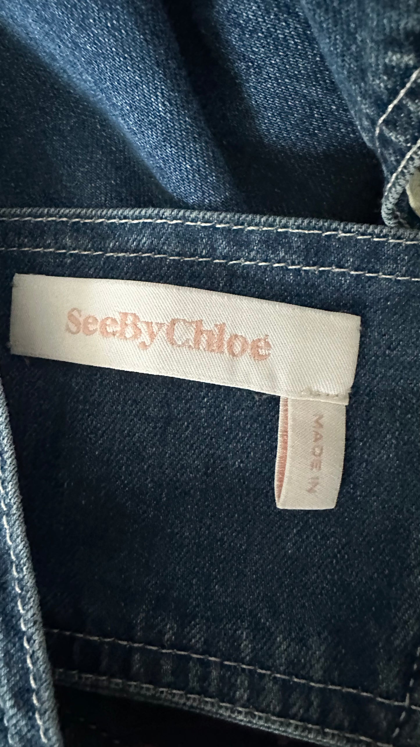 See by Chloe navy blue denim jeans mid length dress medium UK 14 vgc