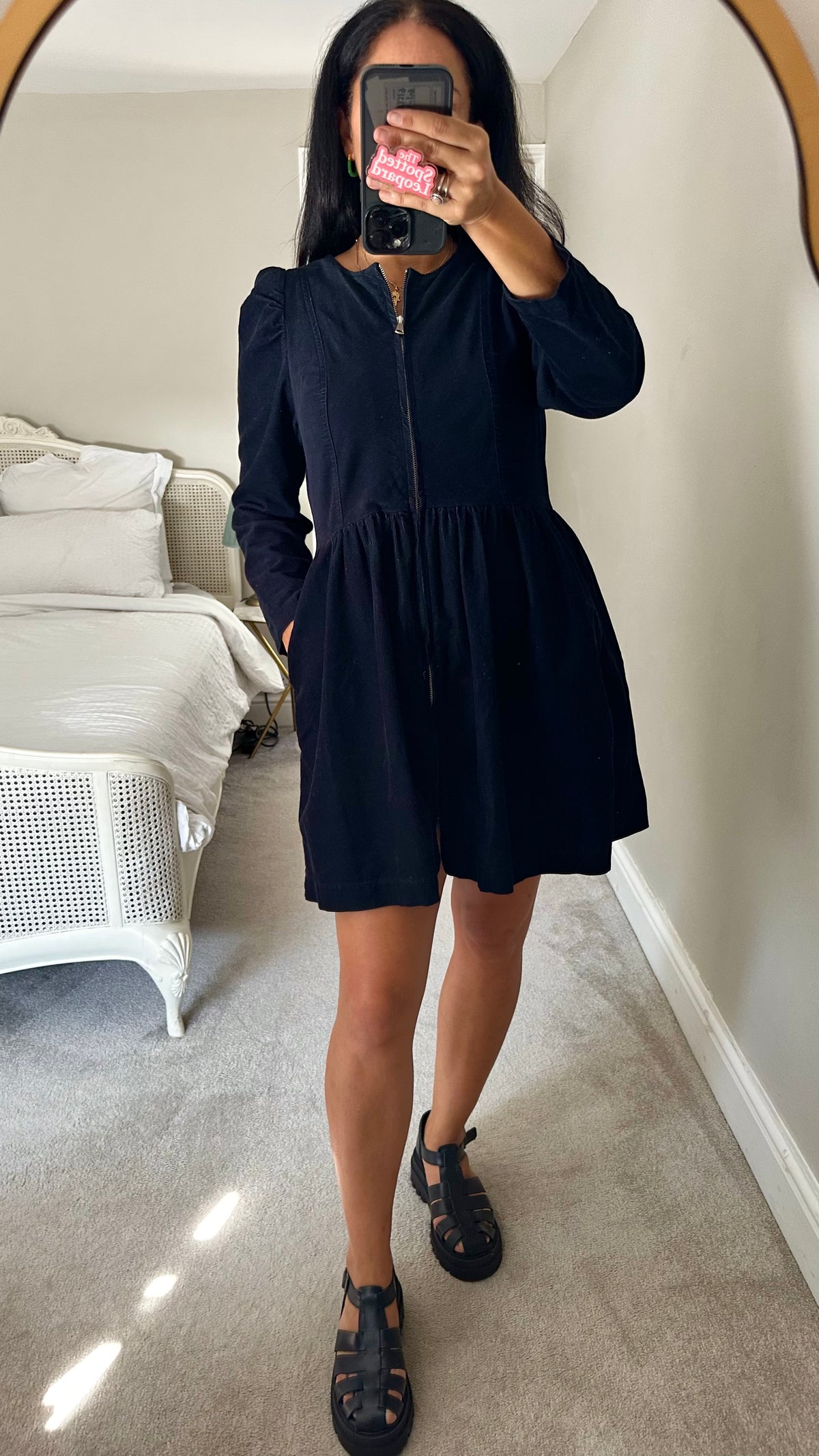 Oliver Bonas black navy blue corduroy zip up dress medium UK 12 pockets vgc