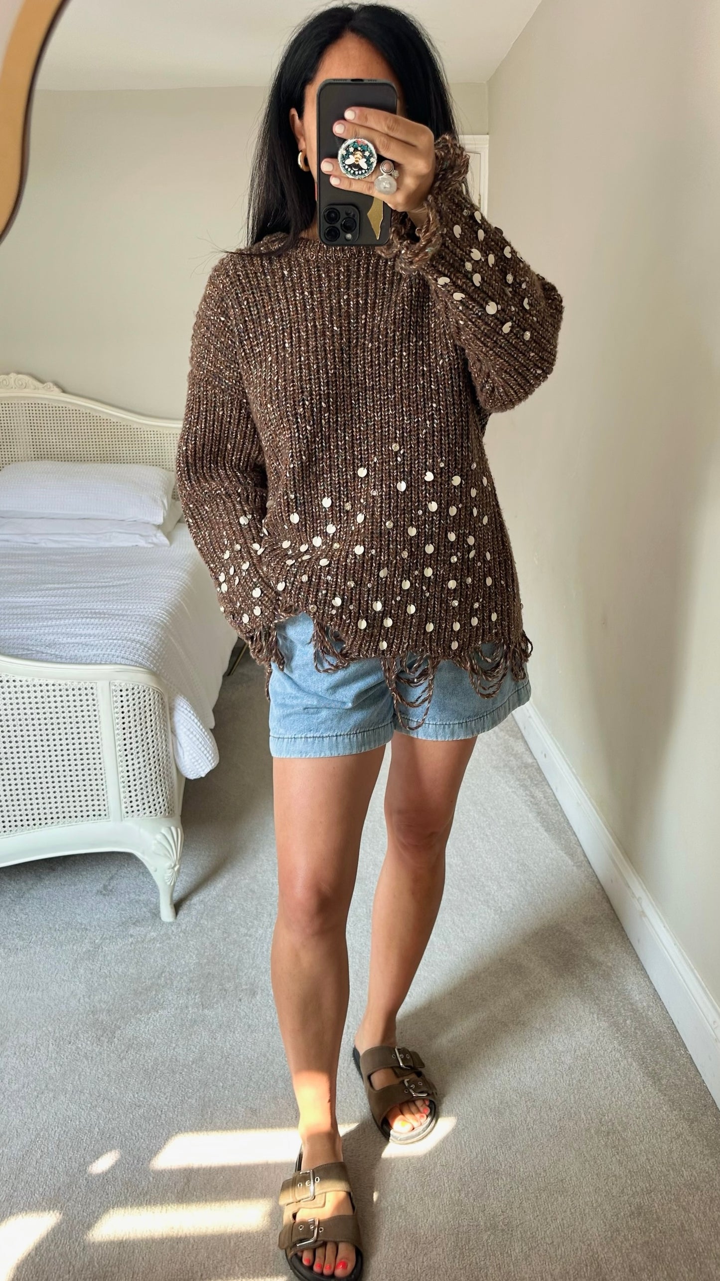 Zara brown sequin frayed hem oversize wool blend chunky knit jumper festival large L UK 12-14 new condition