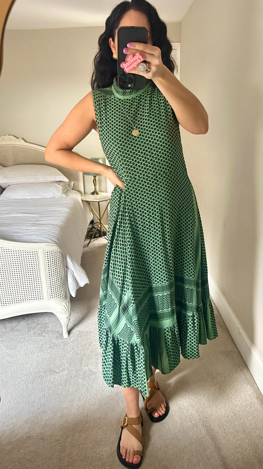 Cecile Copenhagen sage green black khuffiyeh Palestine print midi long dress small UK 10-12 vgc