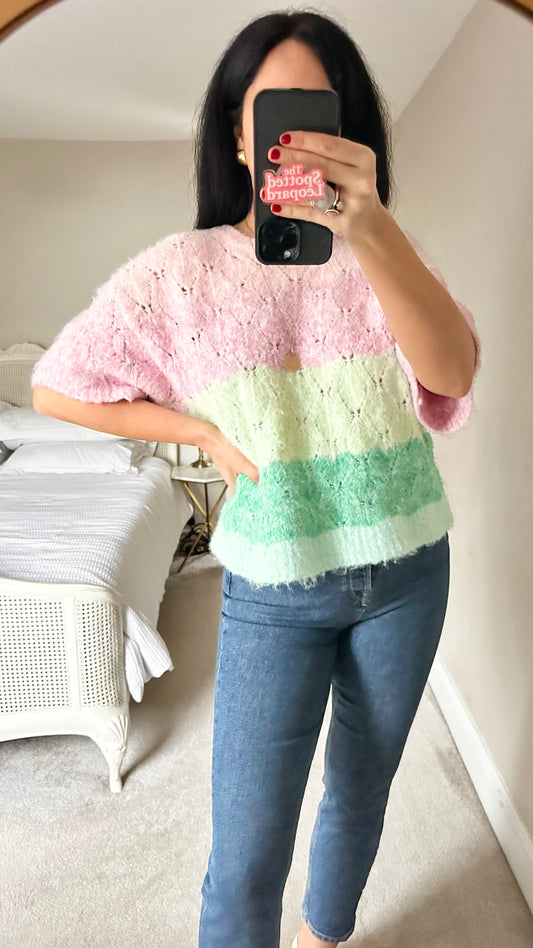Oliver Bonas pink green stripe knitted jumper medium UK 14 vgc