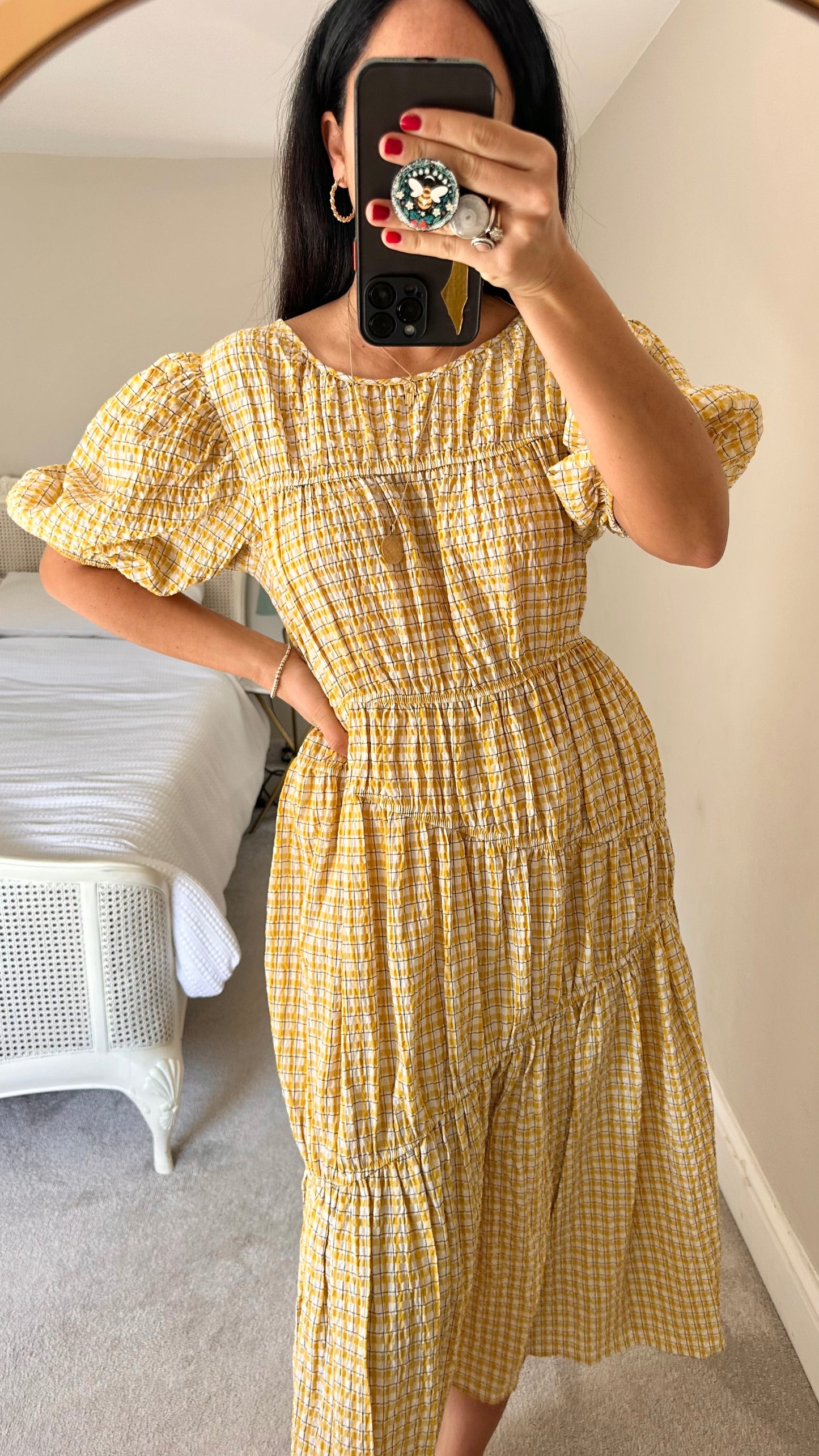 ASOS mustard yellow gingham check long midi dress small UK 10 petite vgc
