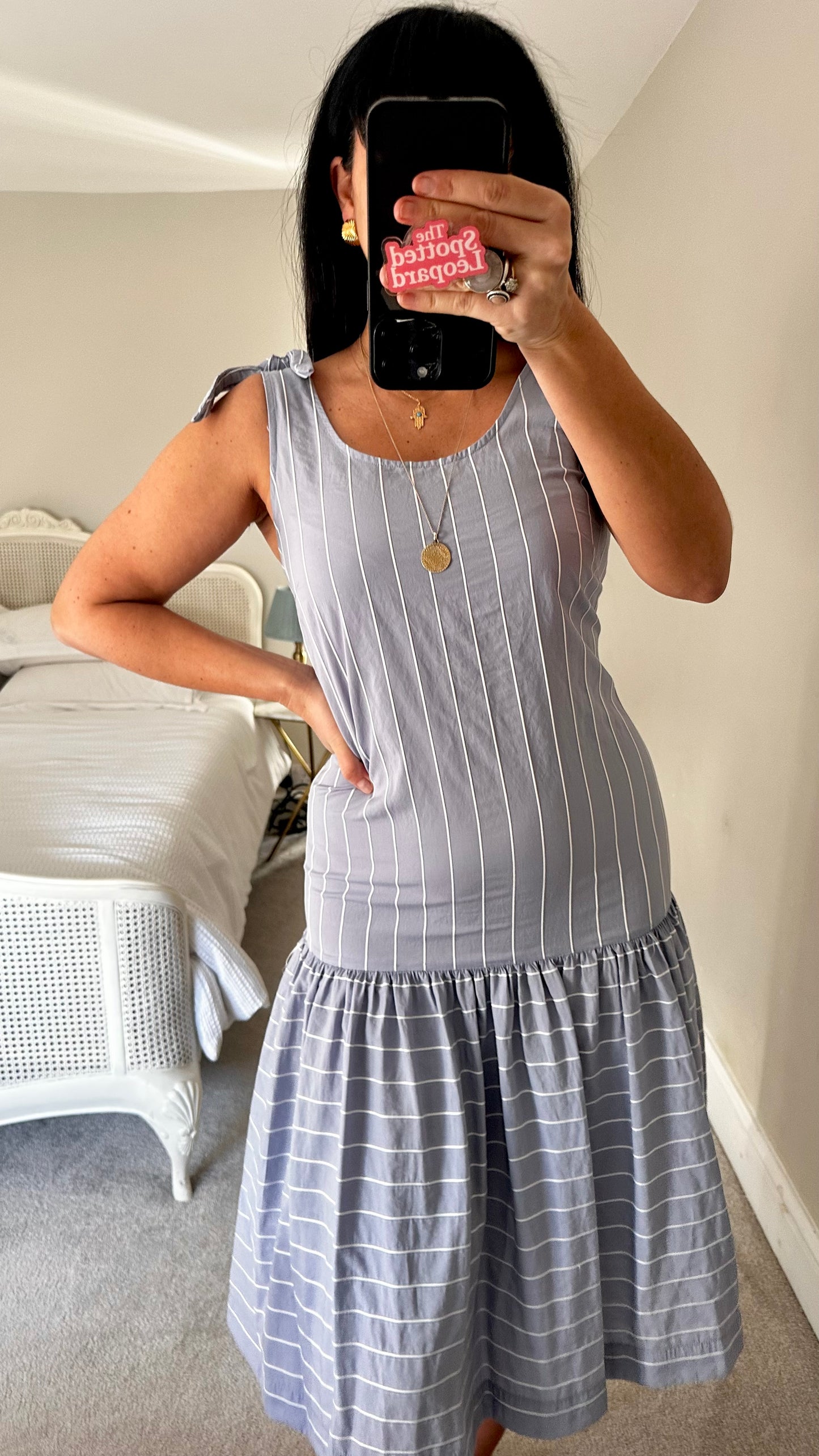 Oliver Bonas light blue white stripe slip midi holiday dress small UK 10 vgc