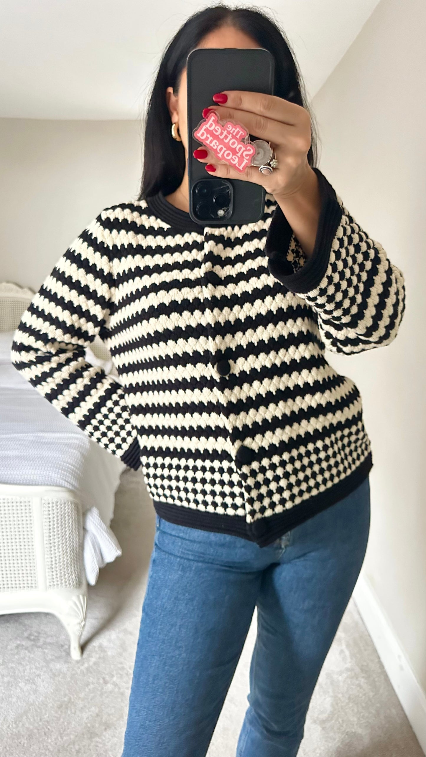 YAS black cream stripe bubble knitted cardigan jumper large UK 12 vgc