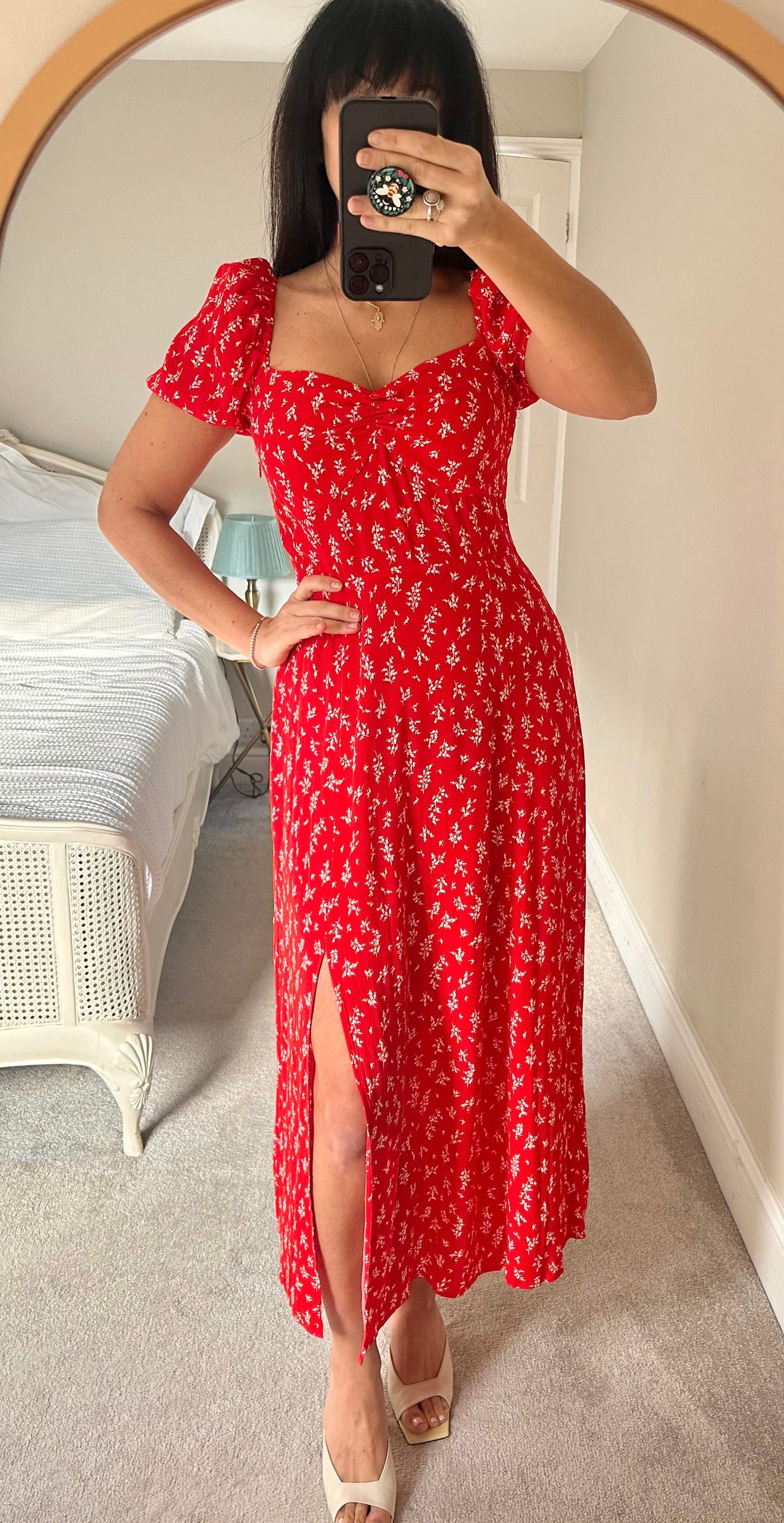 & other stories red white floral side split midi maxi dress small UK 8 vgc
