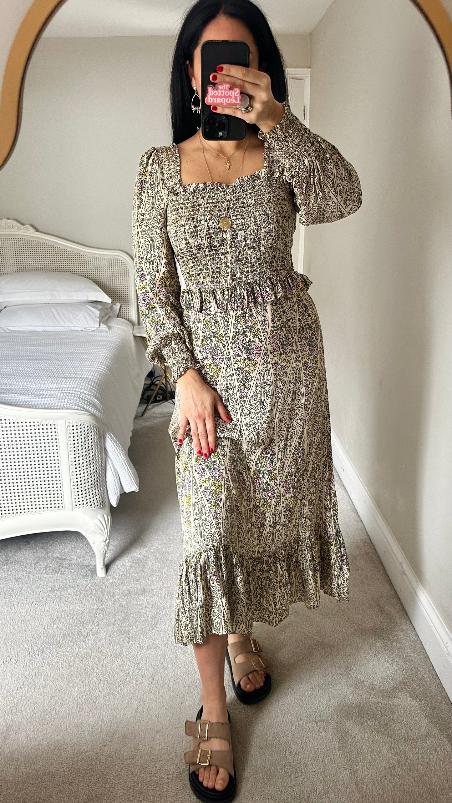 Kitri green cream pink boho shirred bust midi long dress small UK 10 vgc