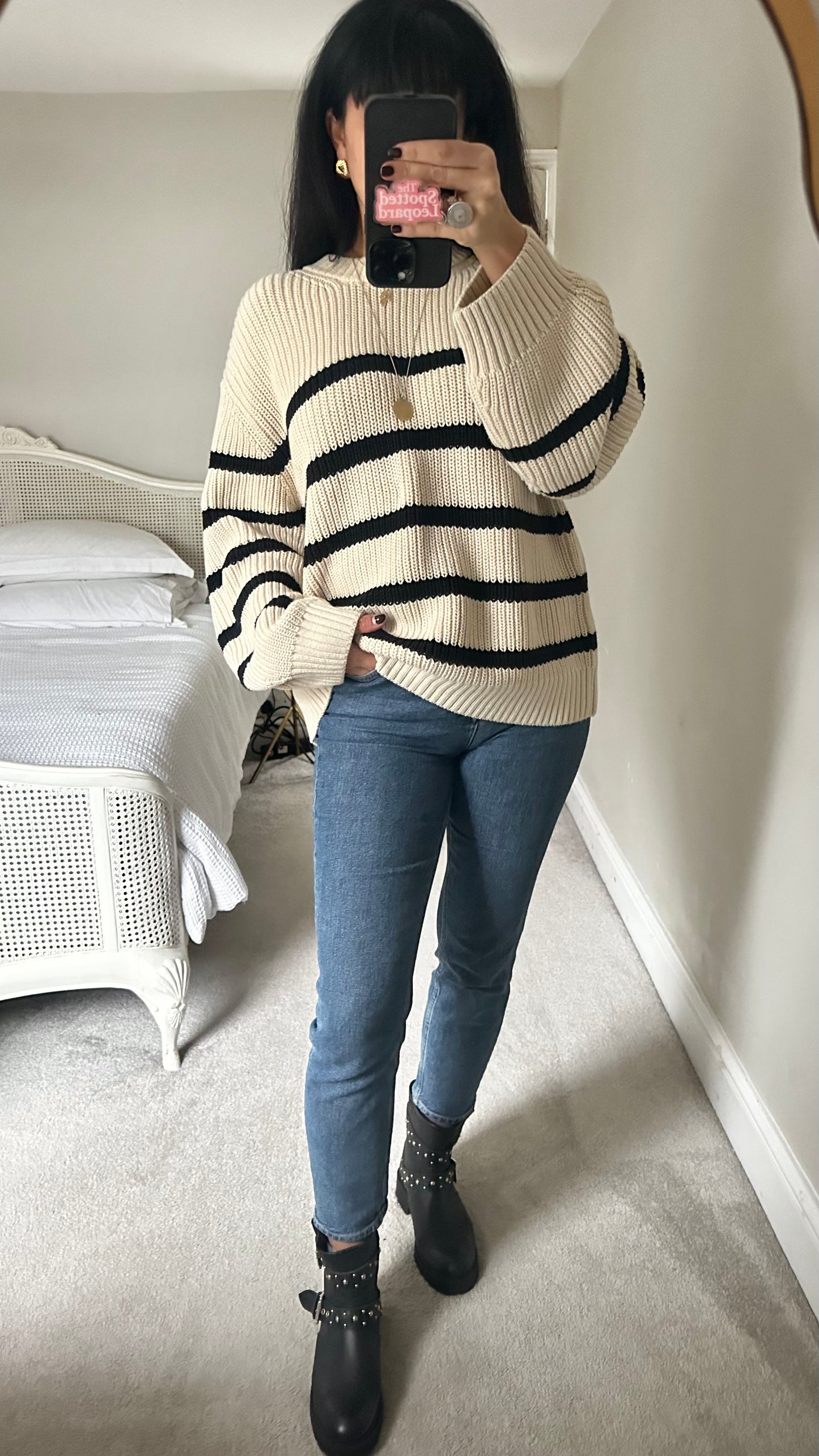 & other stories cream black beige stripe knitted jumper medium large UK 12-14 vgc