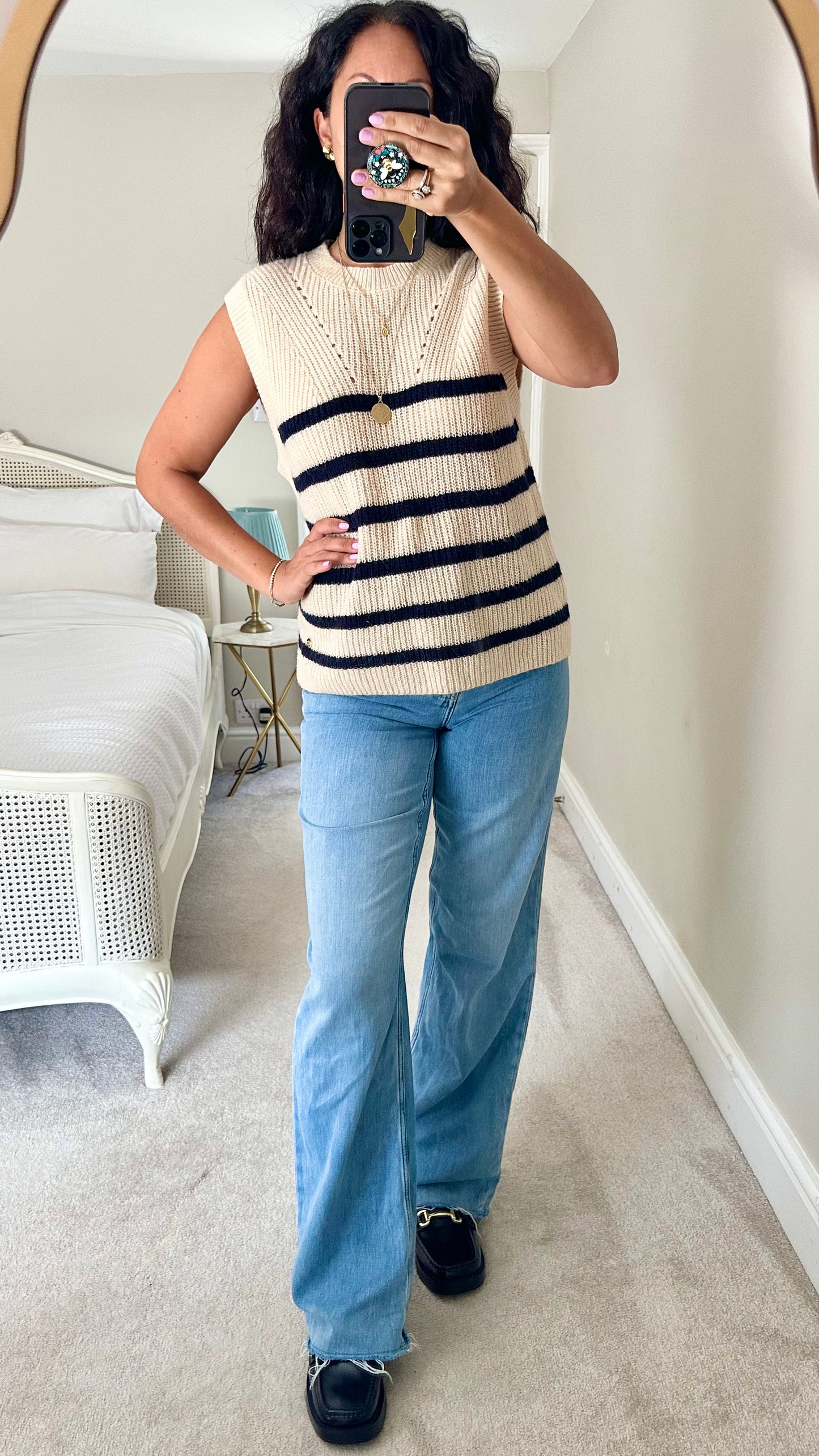 Petite Etoile cream navy mohair blend stripe tank top waistcoat knitted medium UK 10 12 vgc