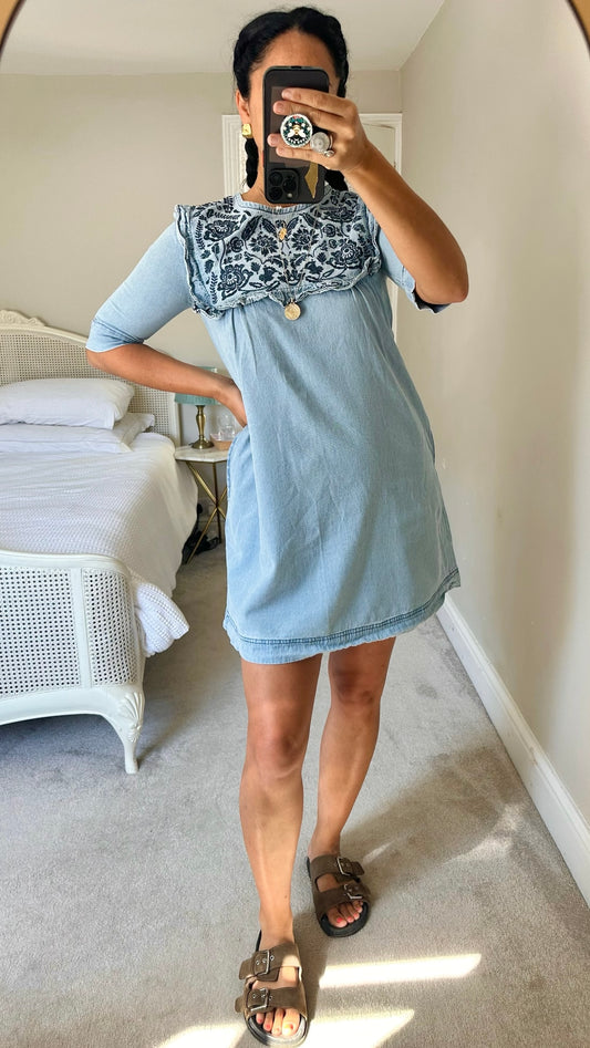 Joanie light blue with black embroidered detail mini dress small S UK 8 vgc