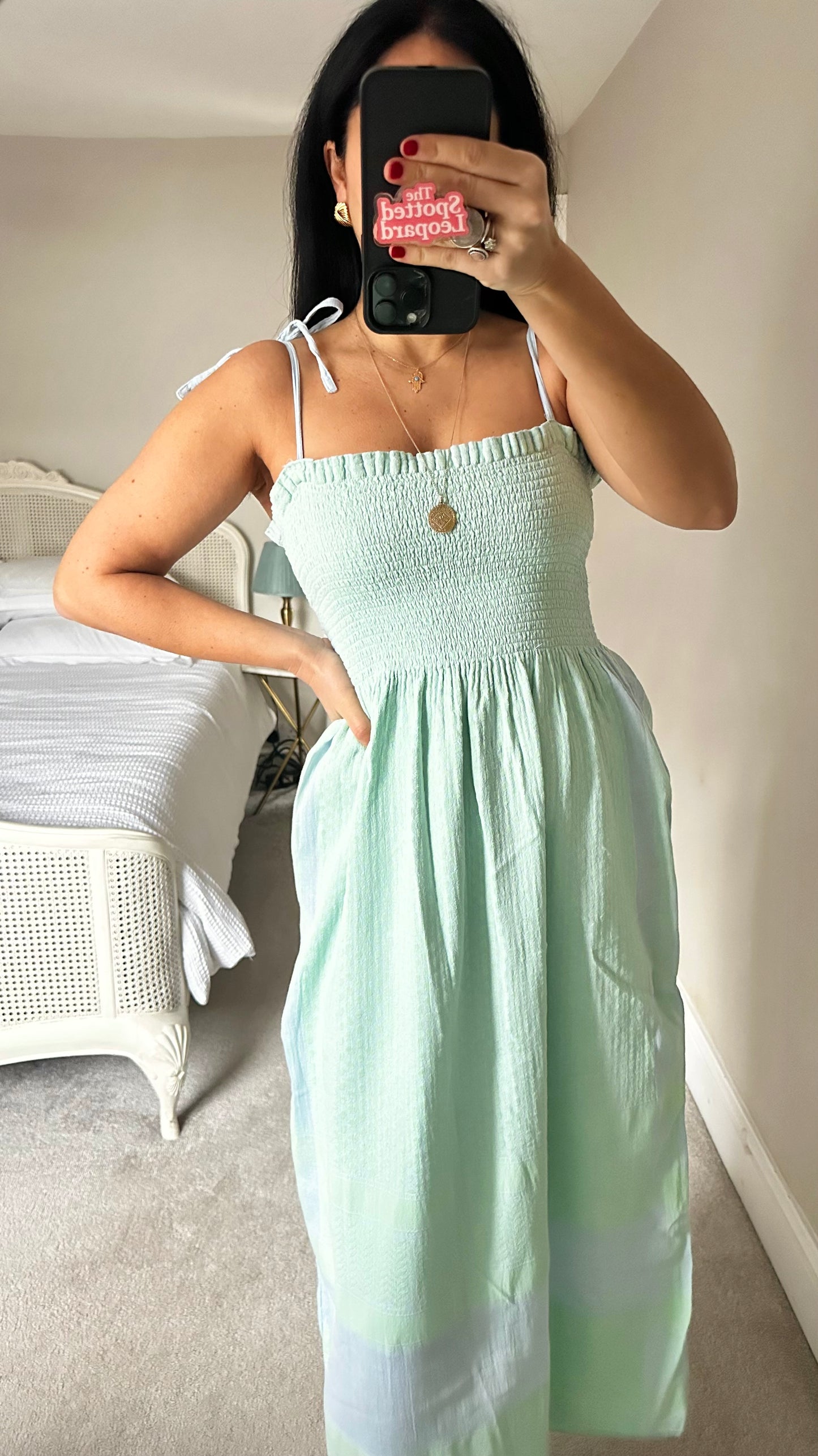 Cecilie Copenhagen mint green lilac/blue Palestinian khuffiyeh print shirred holiday summer cotton dress small UK 10-12 vgc