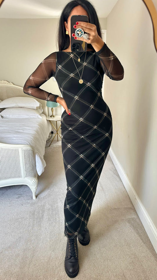 ASOS black gingham check maxi midi long event mesh dress small UK 8 10 vgc