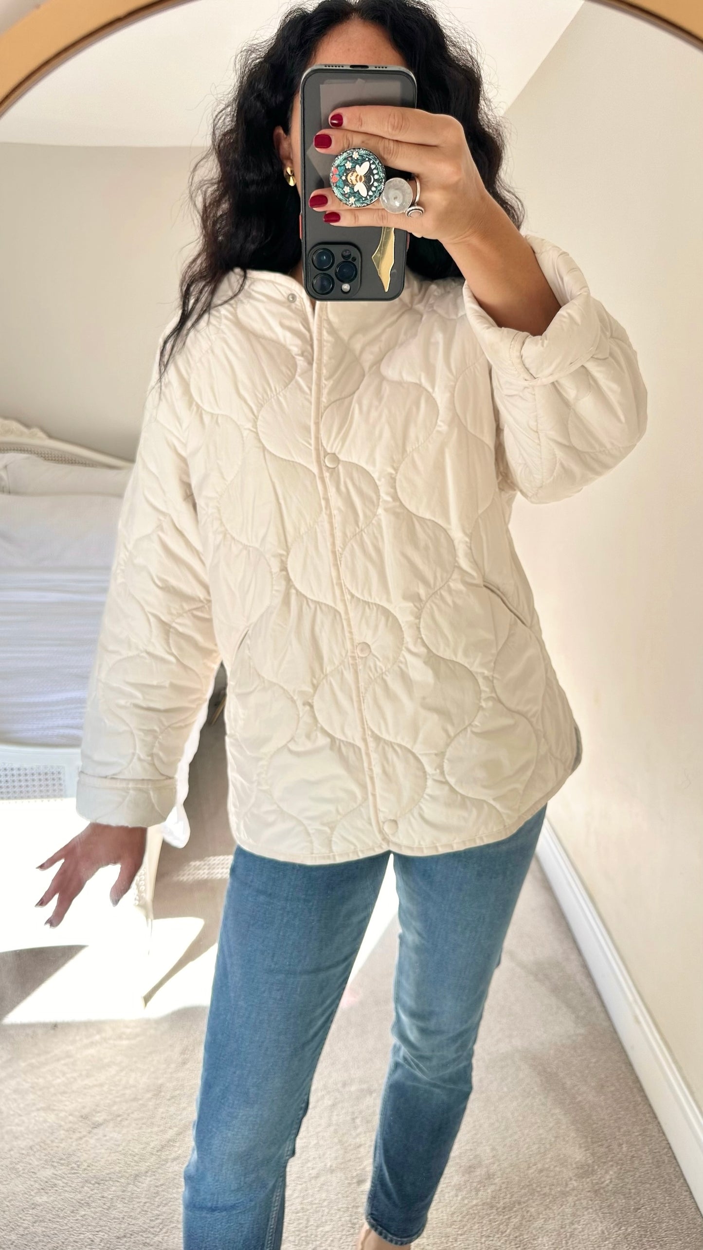 Mango white quilted jacket coat large L UK 12 vgc