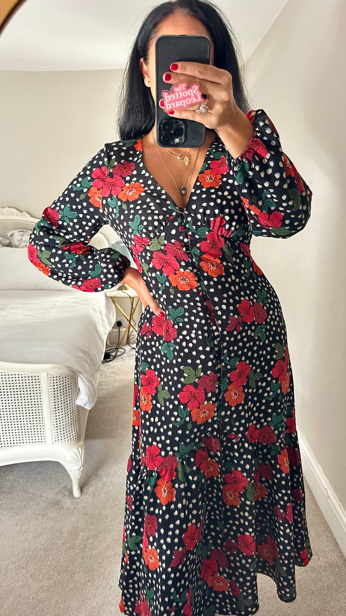 Topshop black red Polk dot midi long dress medium UK 12 vgc