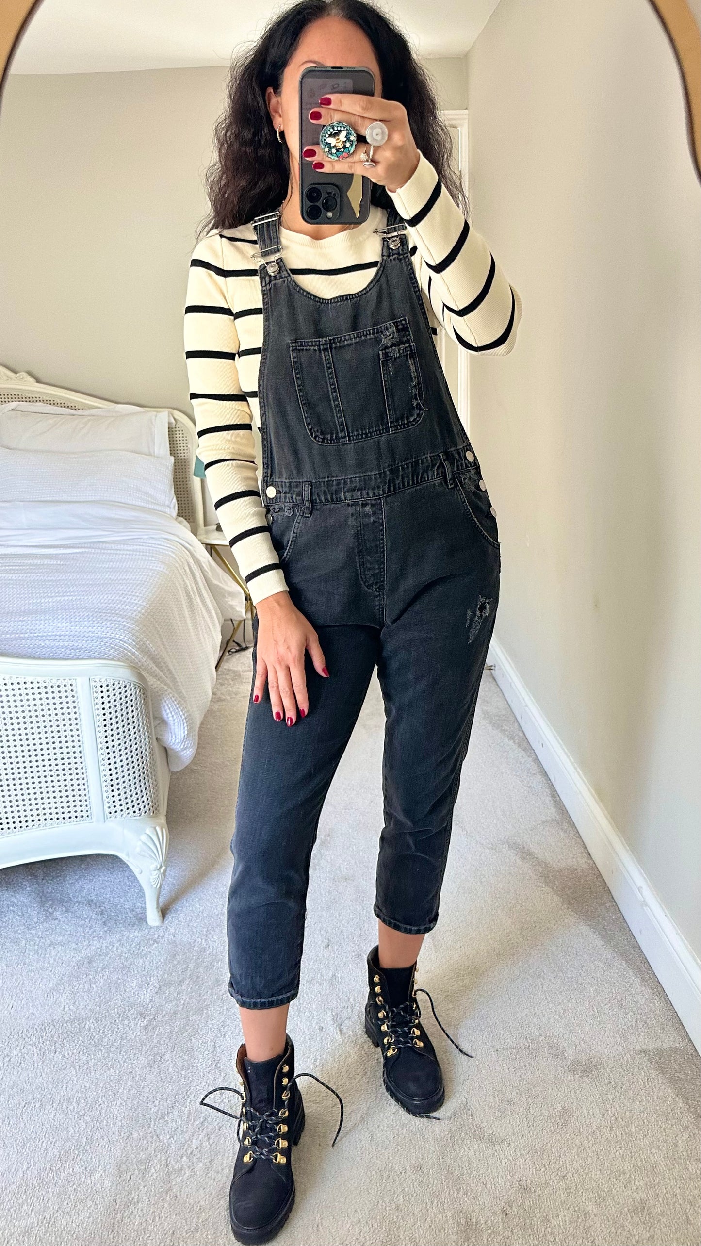 Topshop black distressed look dungarees jeans denim jumpsuit UK 8 vgc