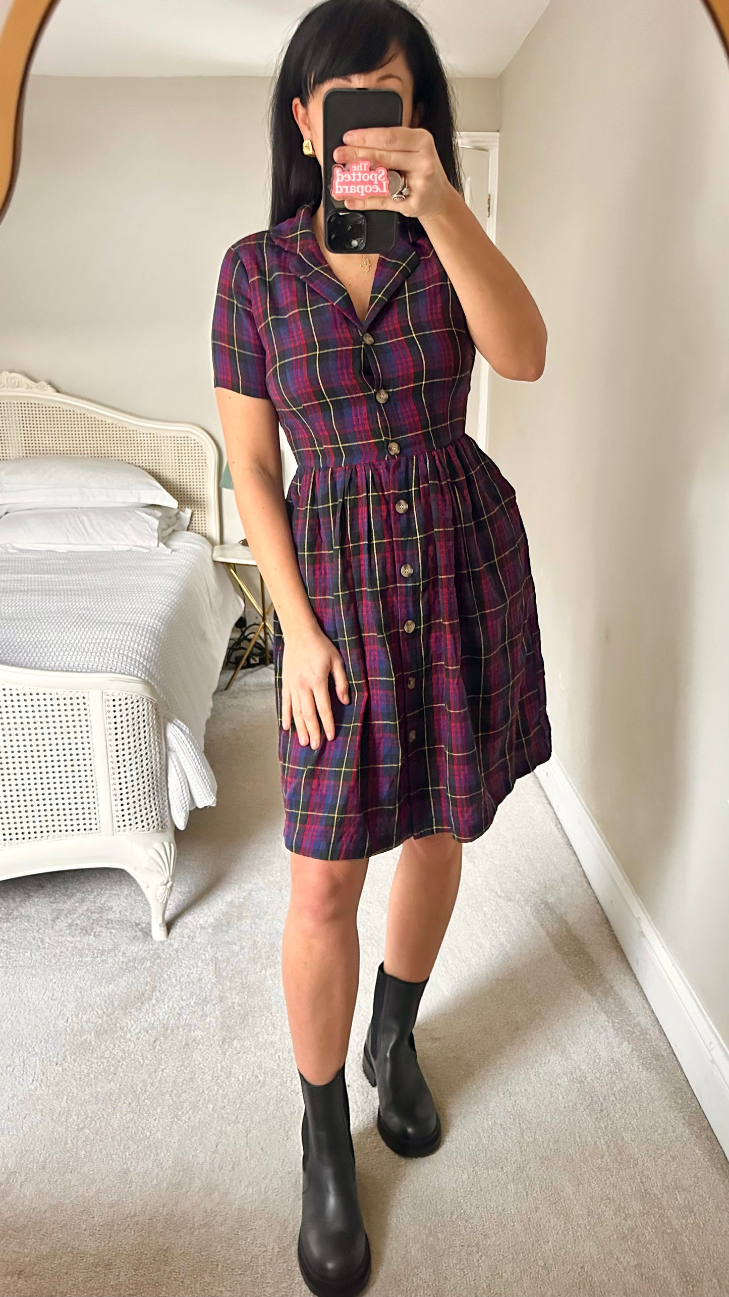 Joanie red black tartan check button up casual day dress small UK 8 vgc