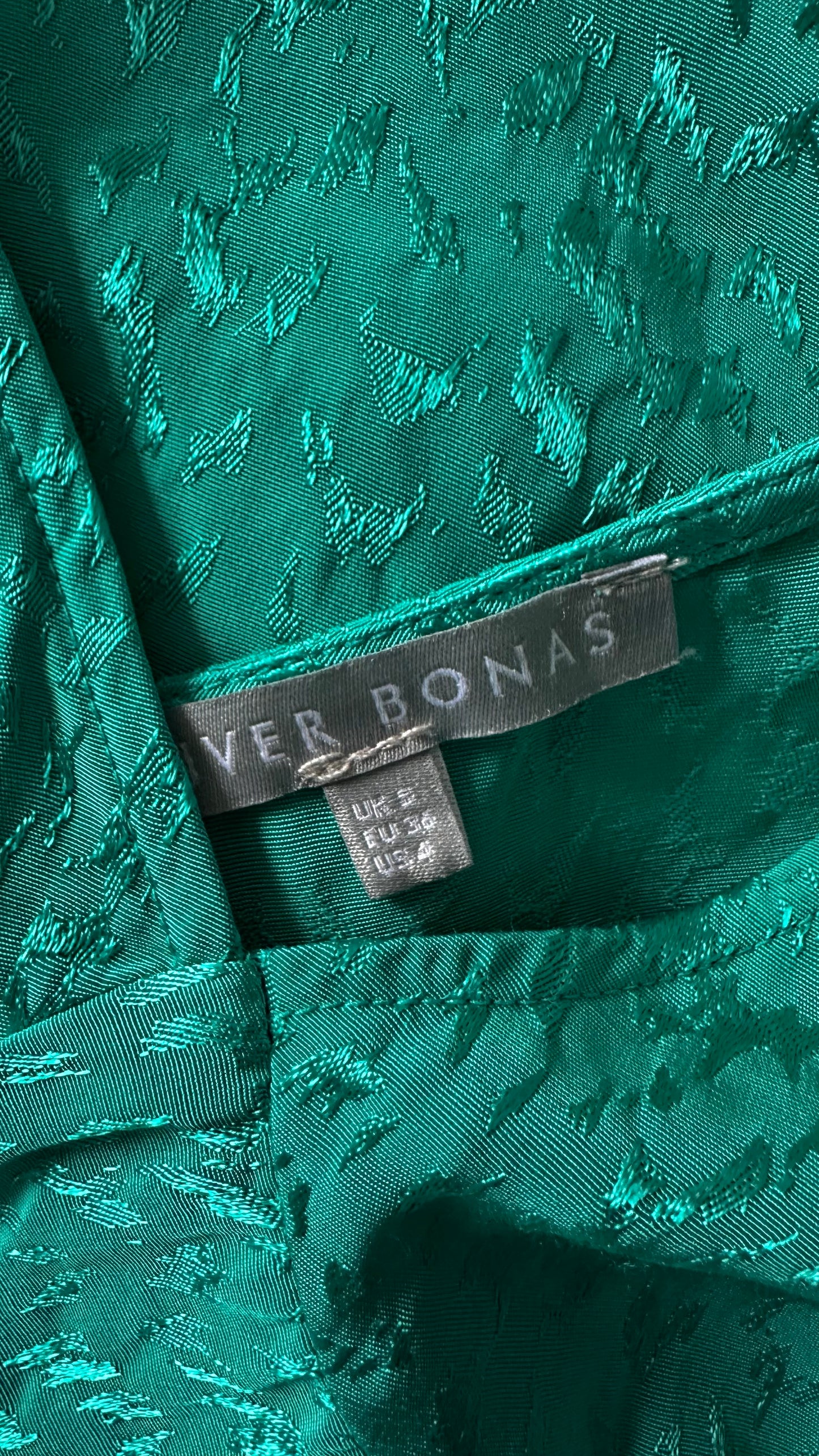 Oliver Bonas turquoise green animal print slinky midi long wedding guest dress small medium UK 8 12