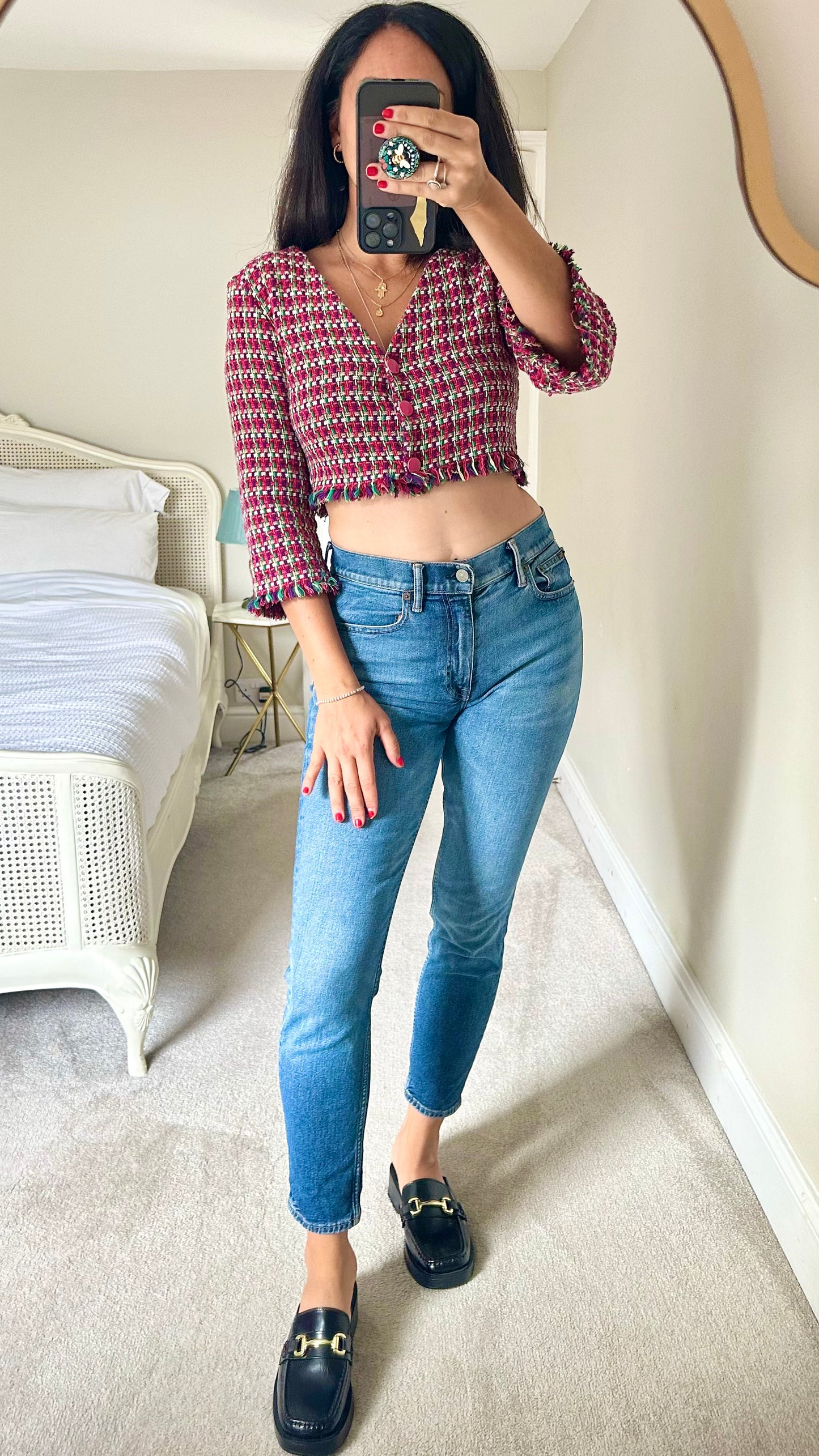 Zara red pink green multicoloured tweed button up crop top small UK 8-10 vgc