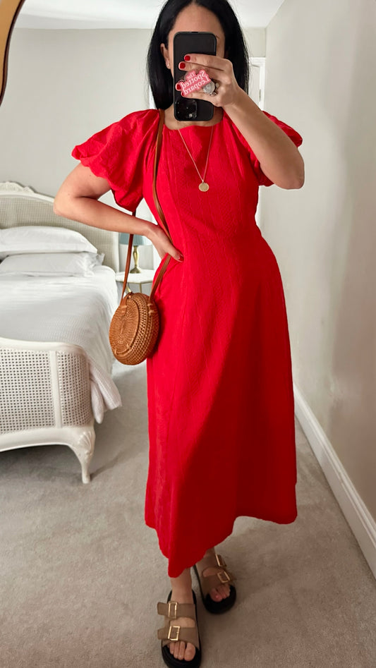 Oliver bonas coral pink orange maxi long embroidered cotton dress Medium M UK 10-12 excellent used condition