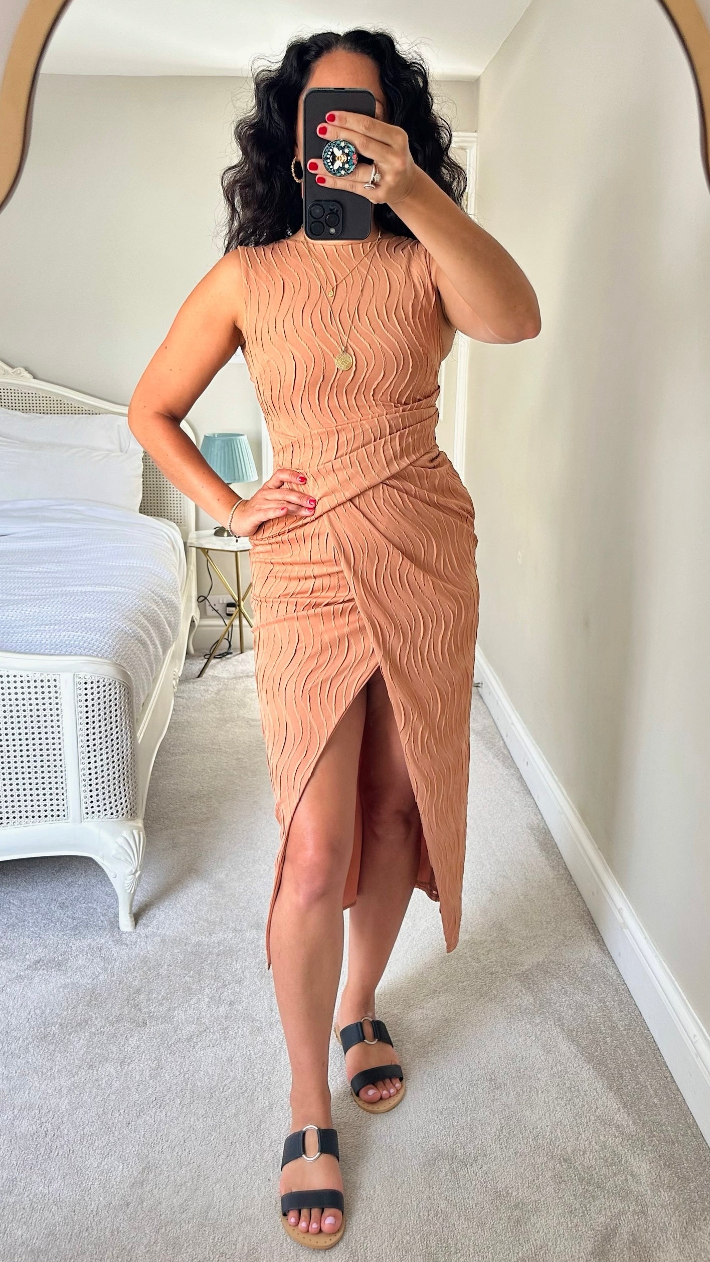 ASOS gold tan terracotta wavy stitch front split midi dress small S UK 8 vgc