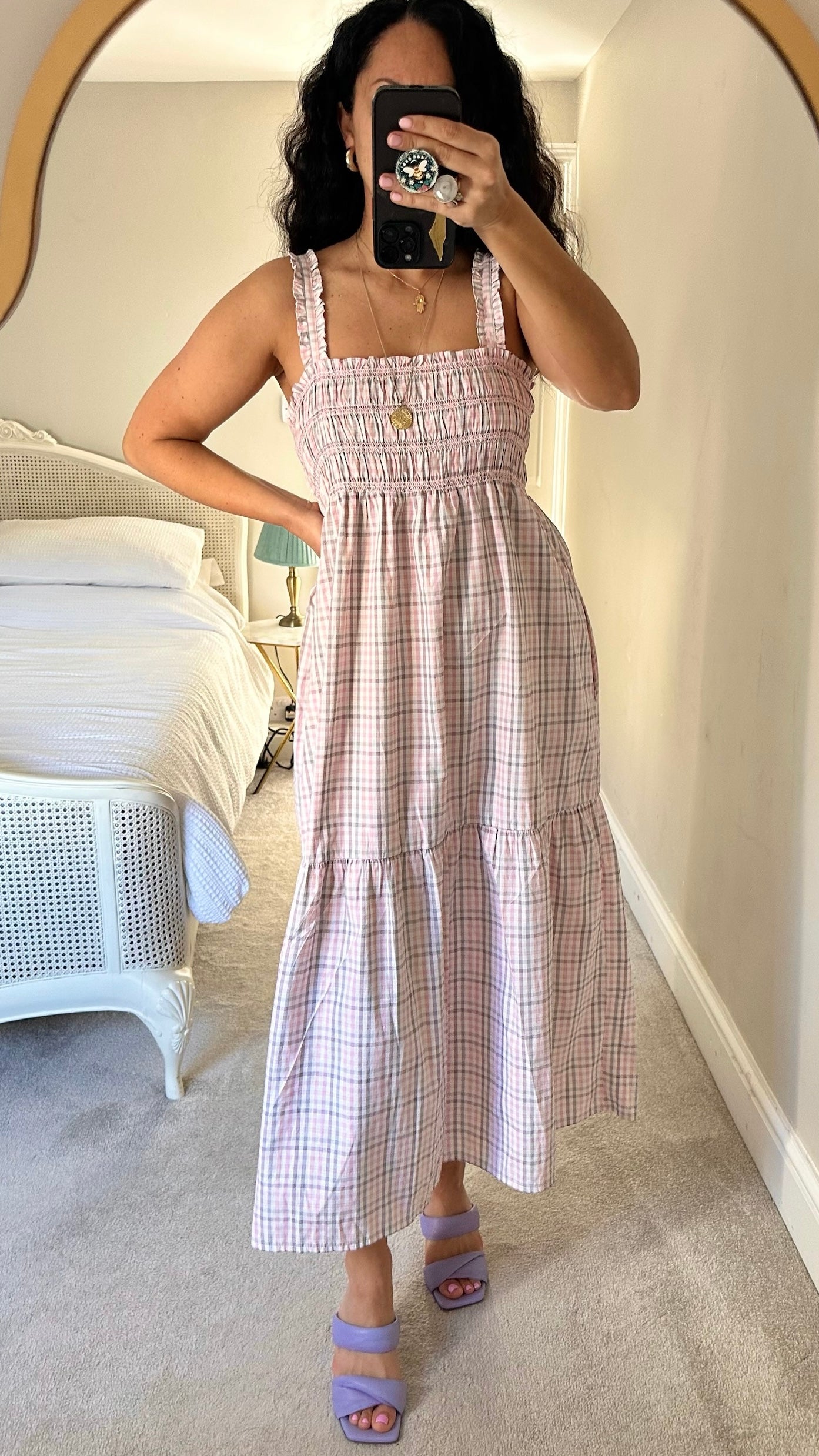 French connection pink beige gingham tiered hem maxi dress medium large L UK 10-12