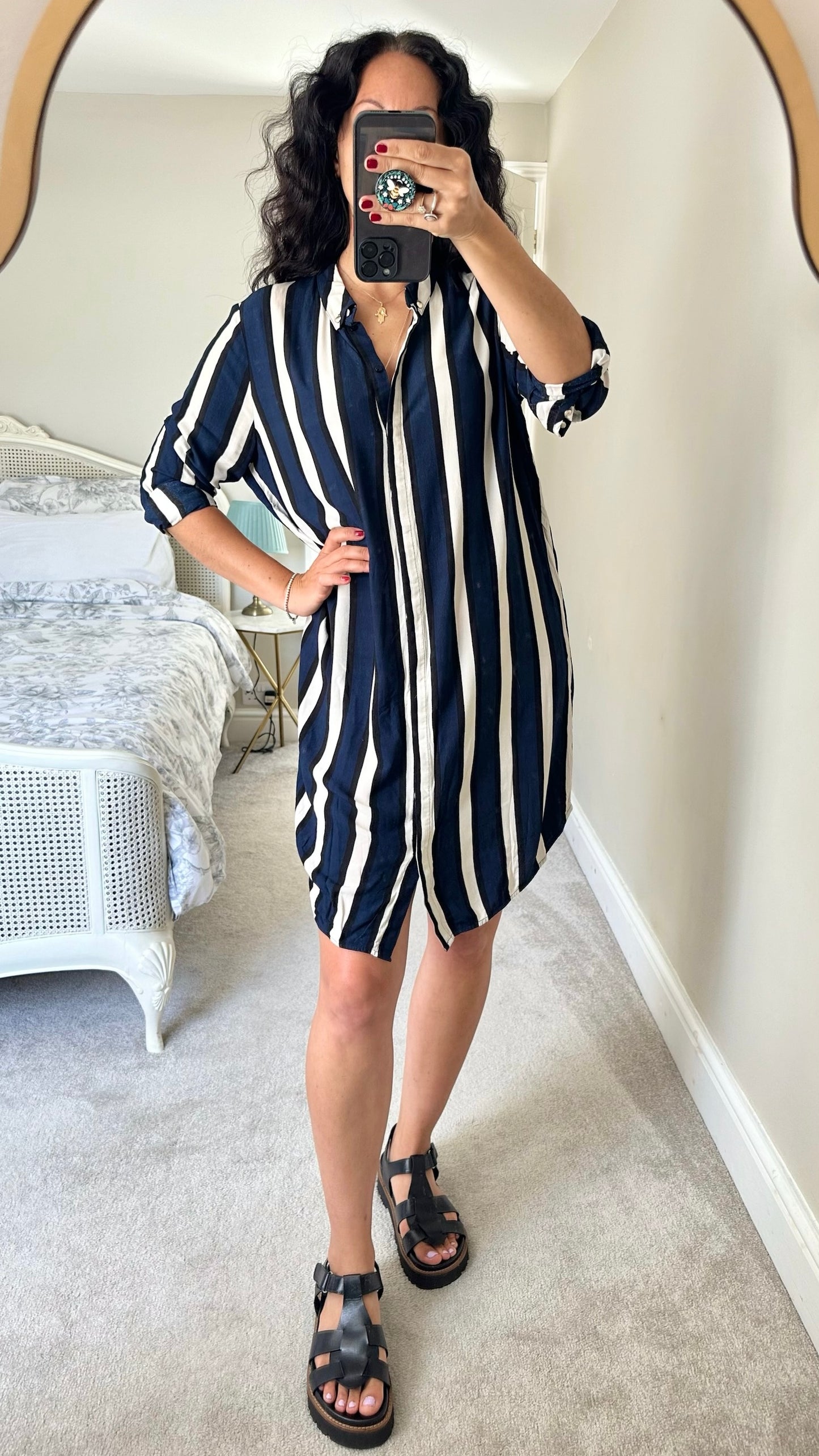 Selected femme @ Anthropologie blue white and black stripe shirt mini midi dress large L UK 12 vgc