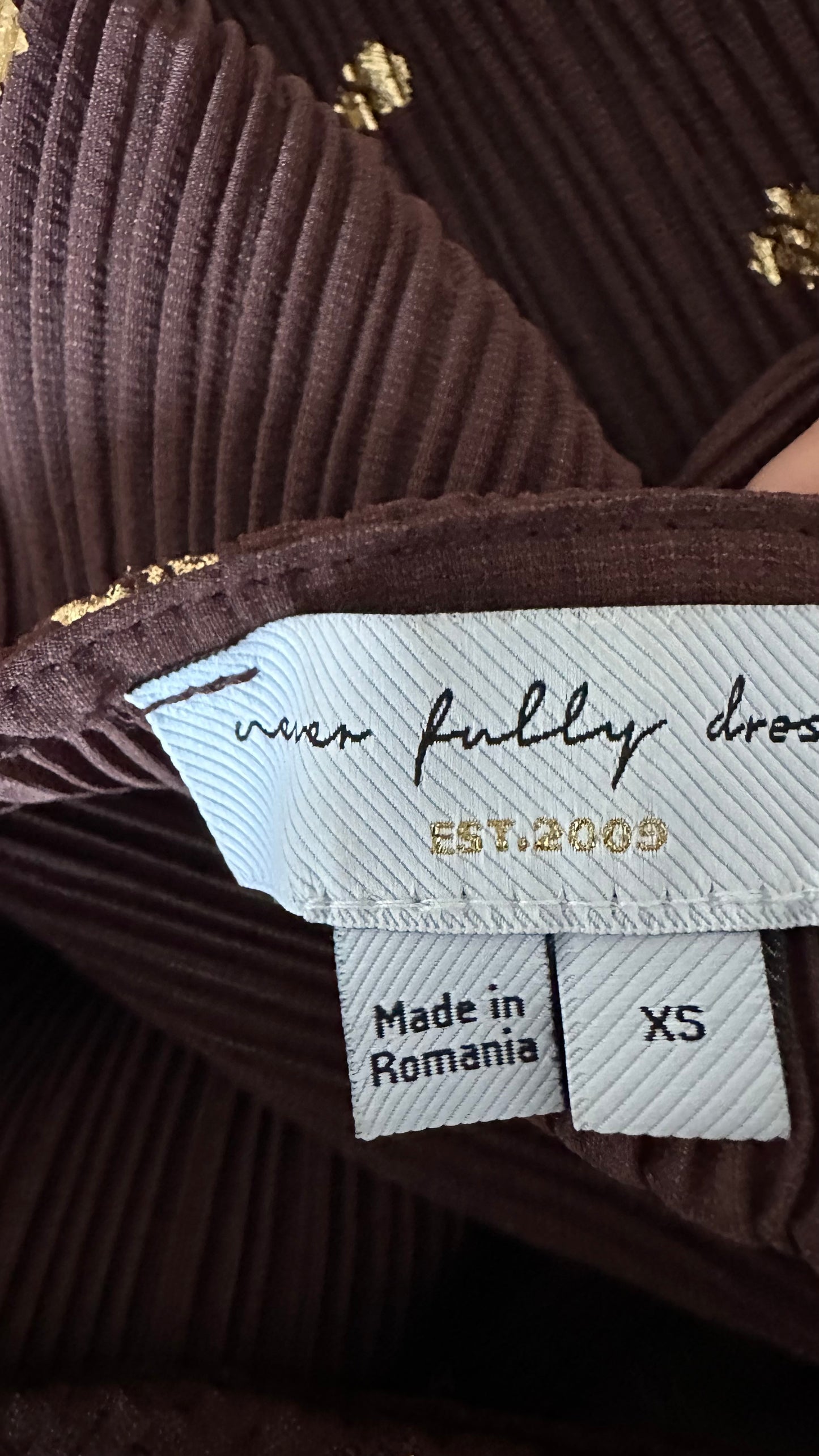 Never Fully Dressed brown gold polka dot plissé midi wrap dress extra small UK 6-8 vgc