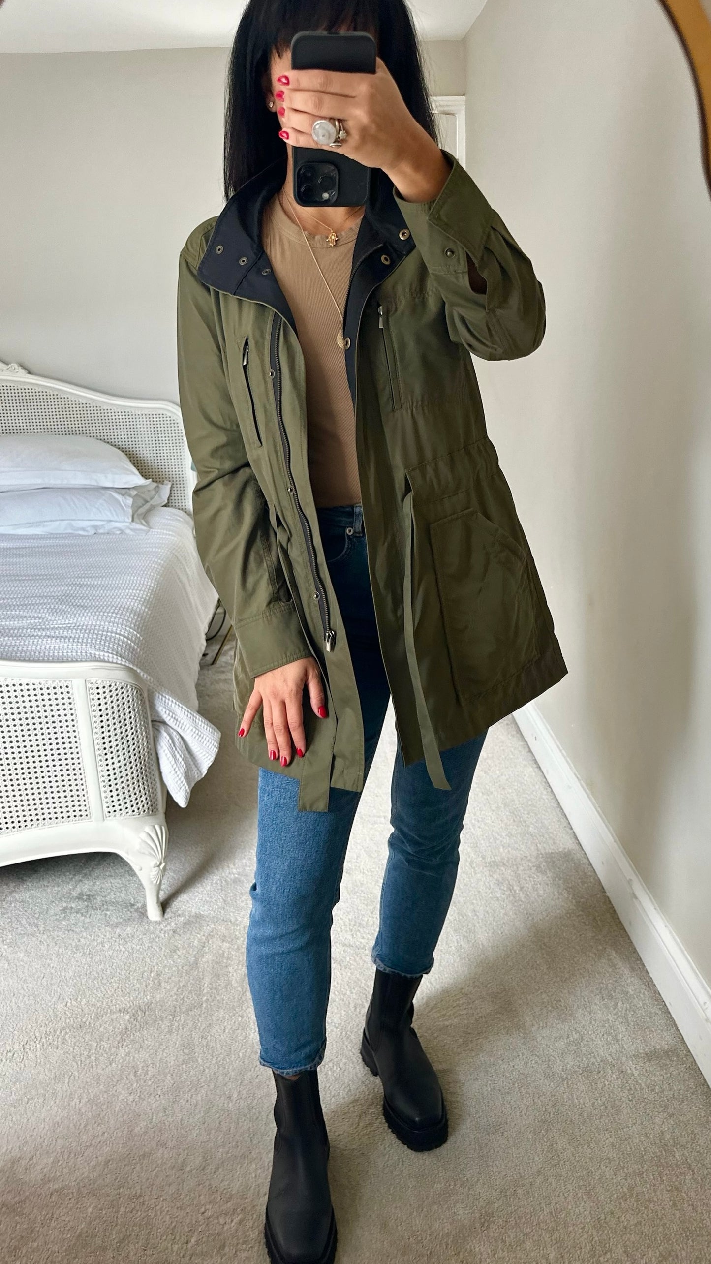 Club Monaco khaki olive green waxy look tie waist jacket medium M UK 12 excellent used condition