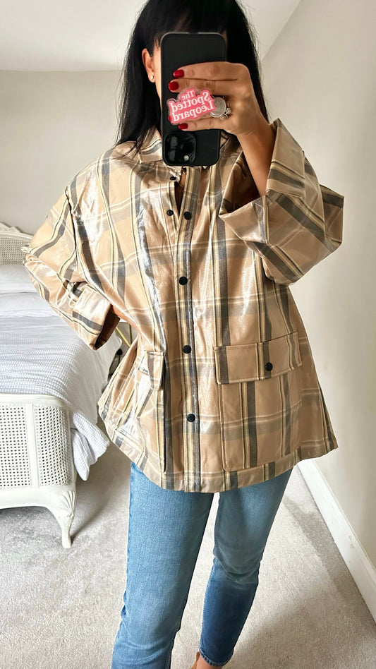 Selected femme @ anthropologie beige gingham black raincoat jacket large UK 12-14 vgc