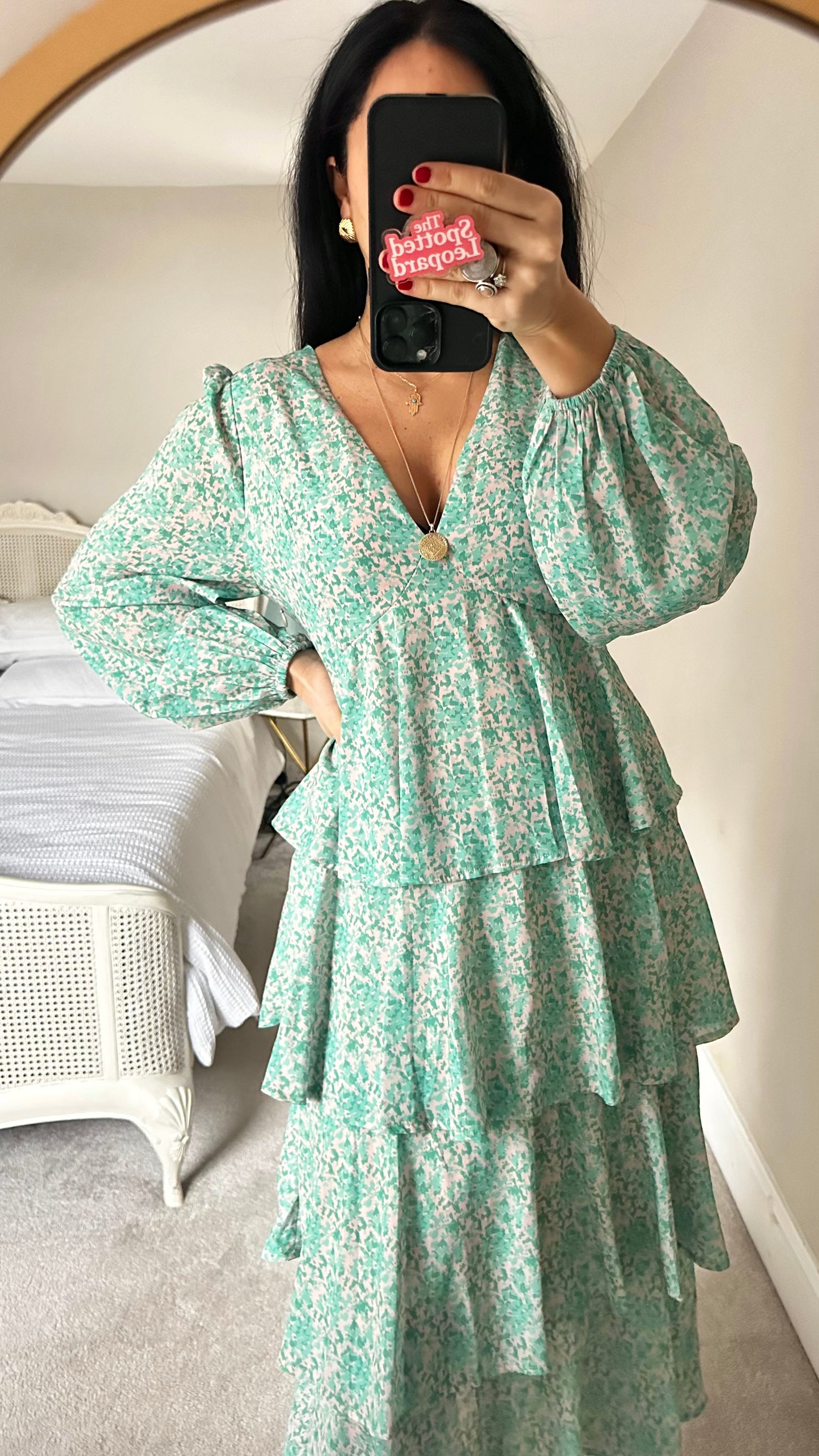 Pretty Lavish turquoise mint green splatter tiered long maxi wedding guest event dress UK 14 medium vgc