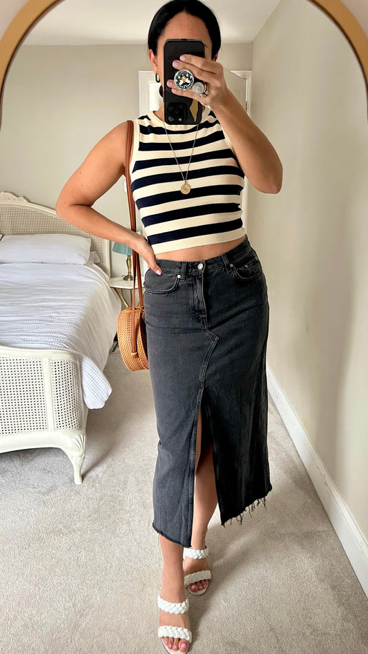 & other stories black denim longline front split skirt medium UK 10 vgc