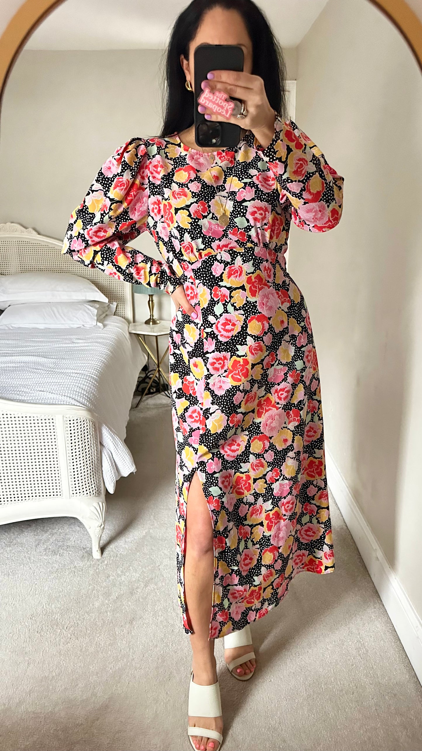 Topshop black pink red floral side split event dress midi polka dot small medium UK 8 14 vgc event