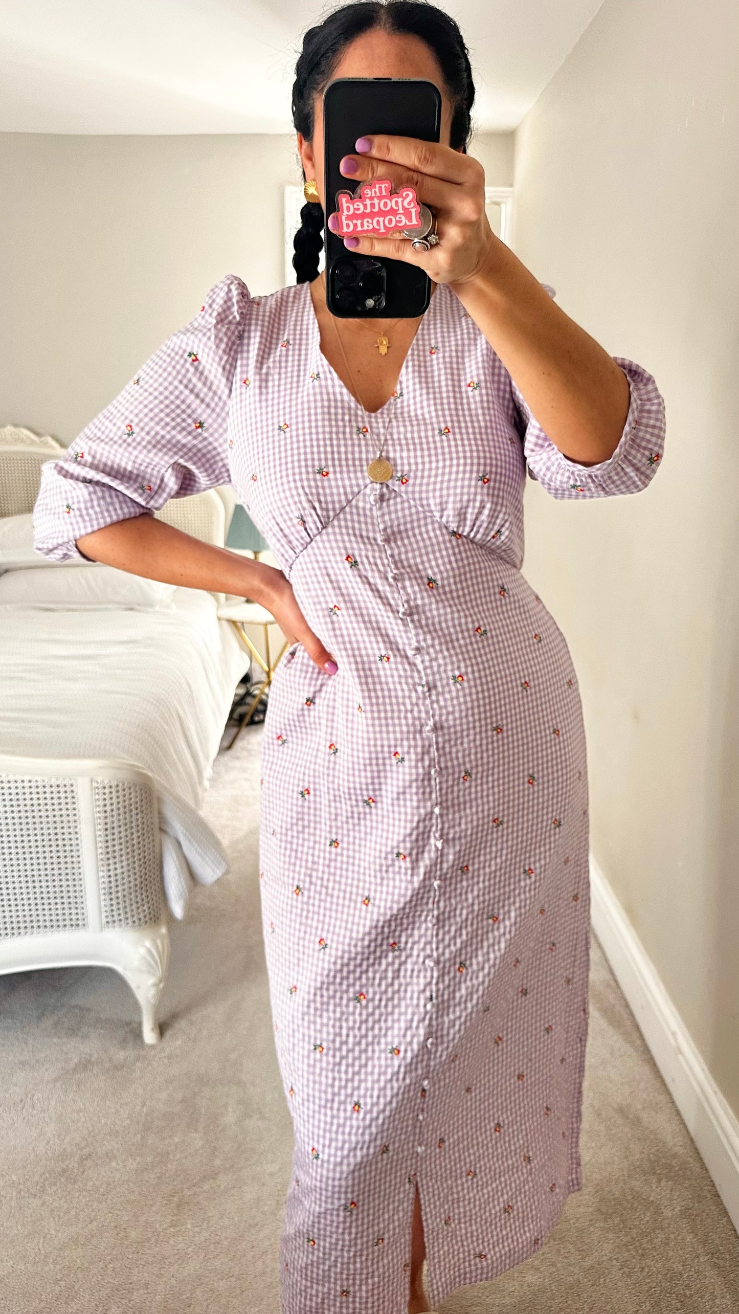 YAS lilac white gingham check midi long dress small UK 10 vgc