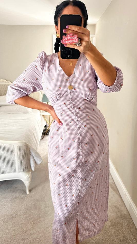 YAS lilac white gingham check midi long dress small UK 10 vgc